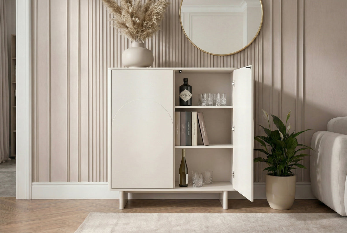 Buffet design SAVOY 130cm cachemire marbre blanc céramique avec rangements et façade 3D