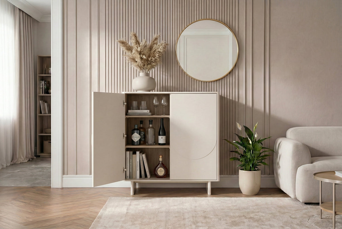 Buffet design SAVOY 130cm cachemire marbre blanc céramique avec rangements et façade 3D