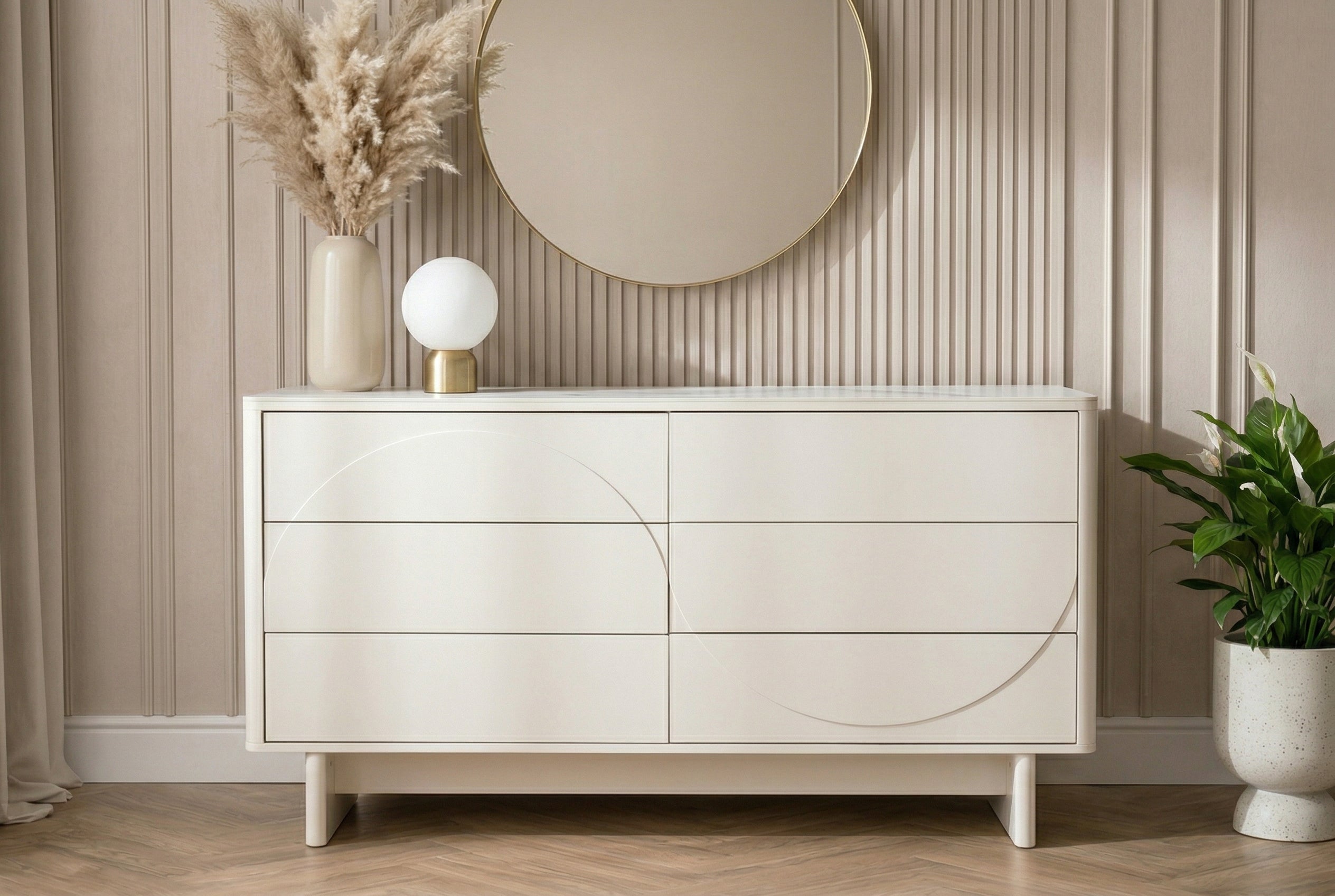 Buffet design SAVOY 150cm céramique marbre blanc cachemire avec six tiroirs