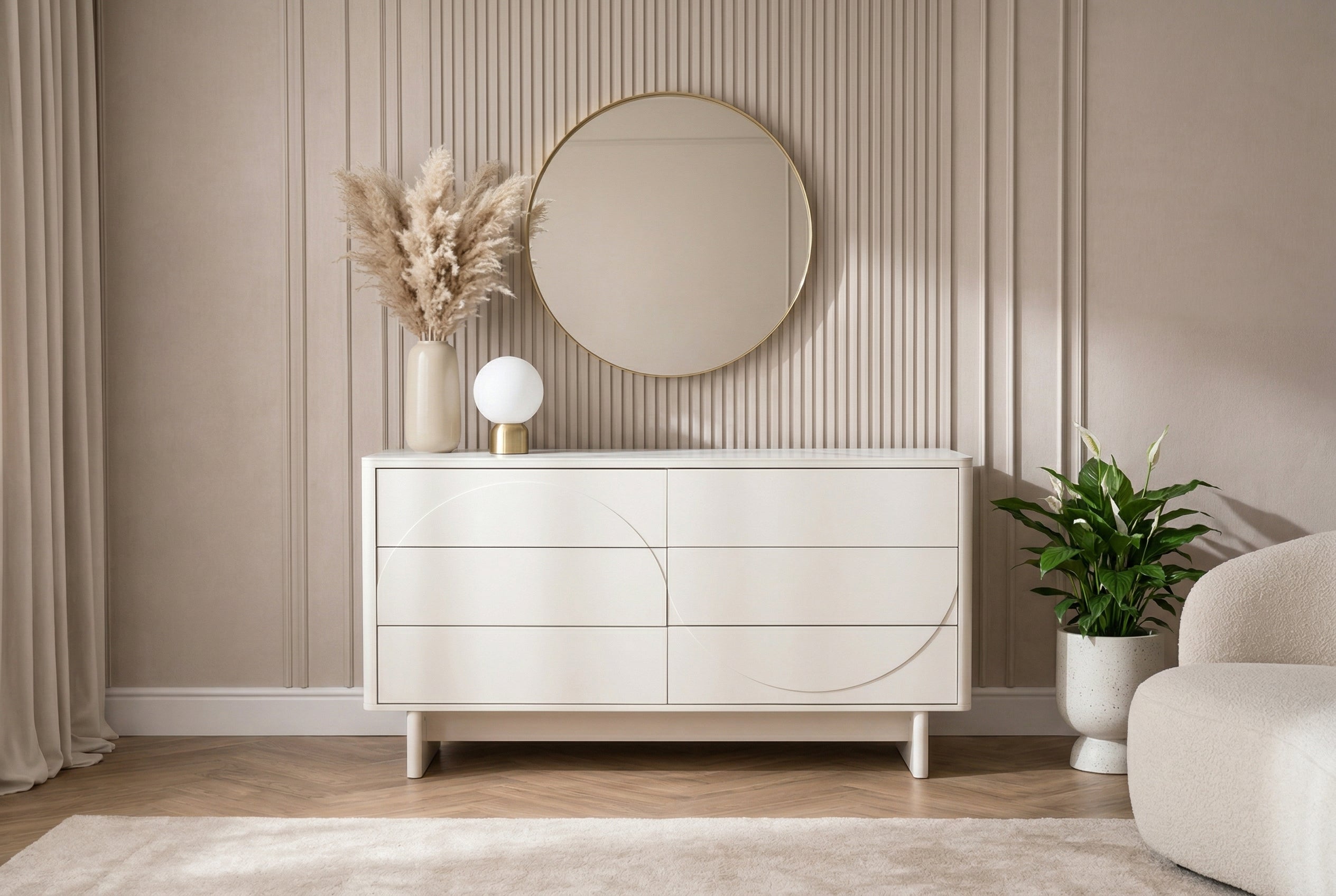 Buffet design SAVOY 150cm céramique marbre blanc cachemire avec six tiroirs