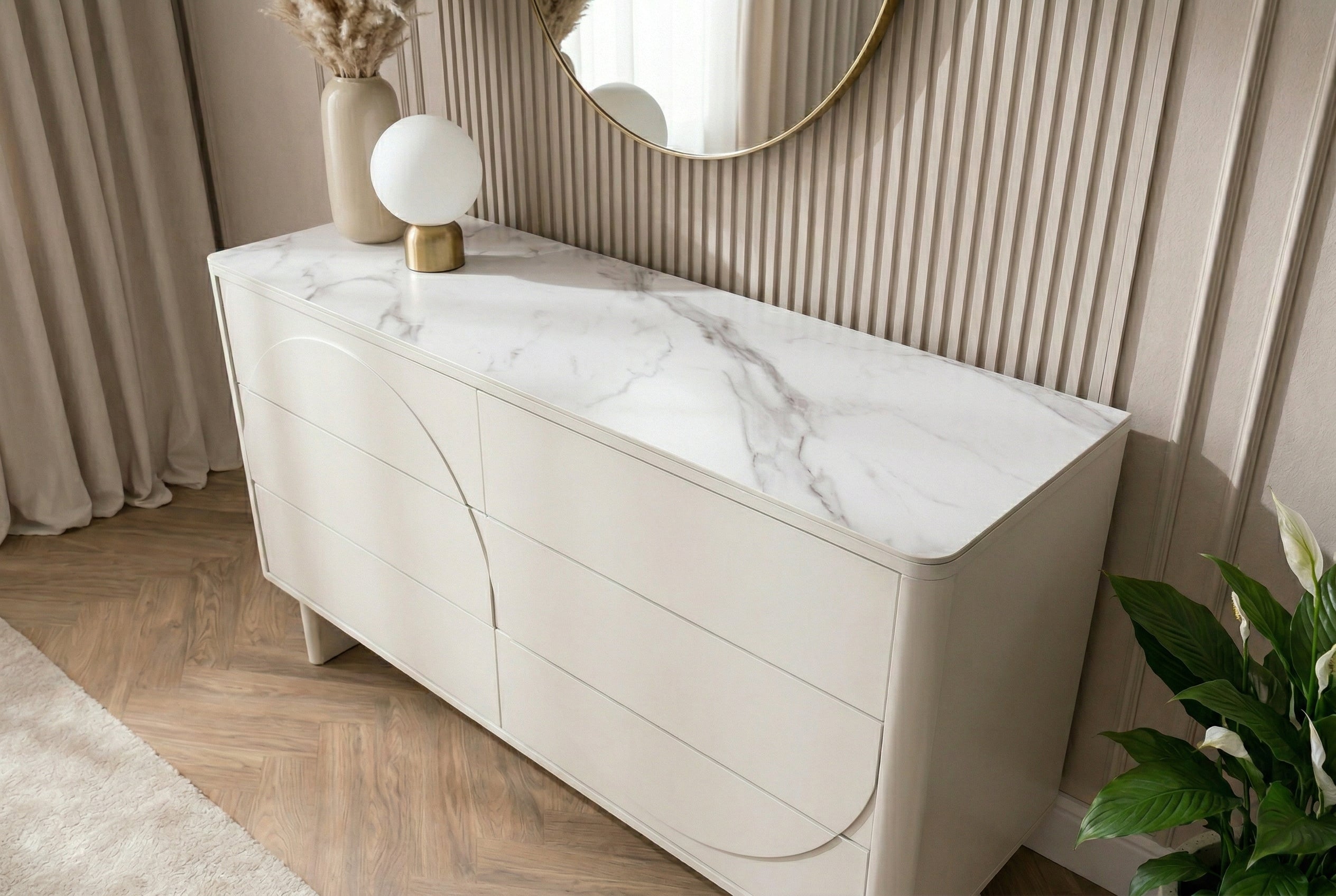 Buffet design SAVOY 150cm céramique marbre blanc cachemire avec six tiroirs