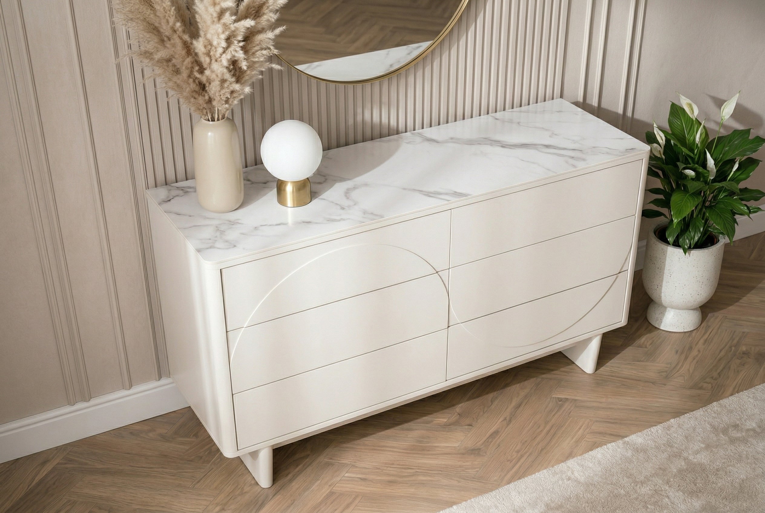Buffet design SAVOY 150cm céramique marbre blanc cachemire avec six tiroirs