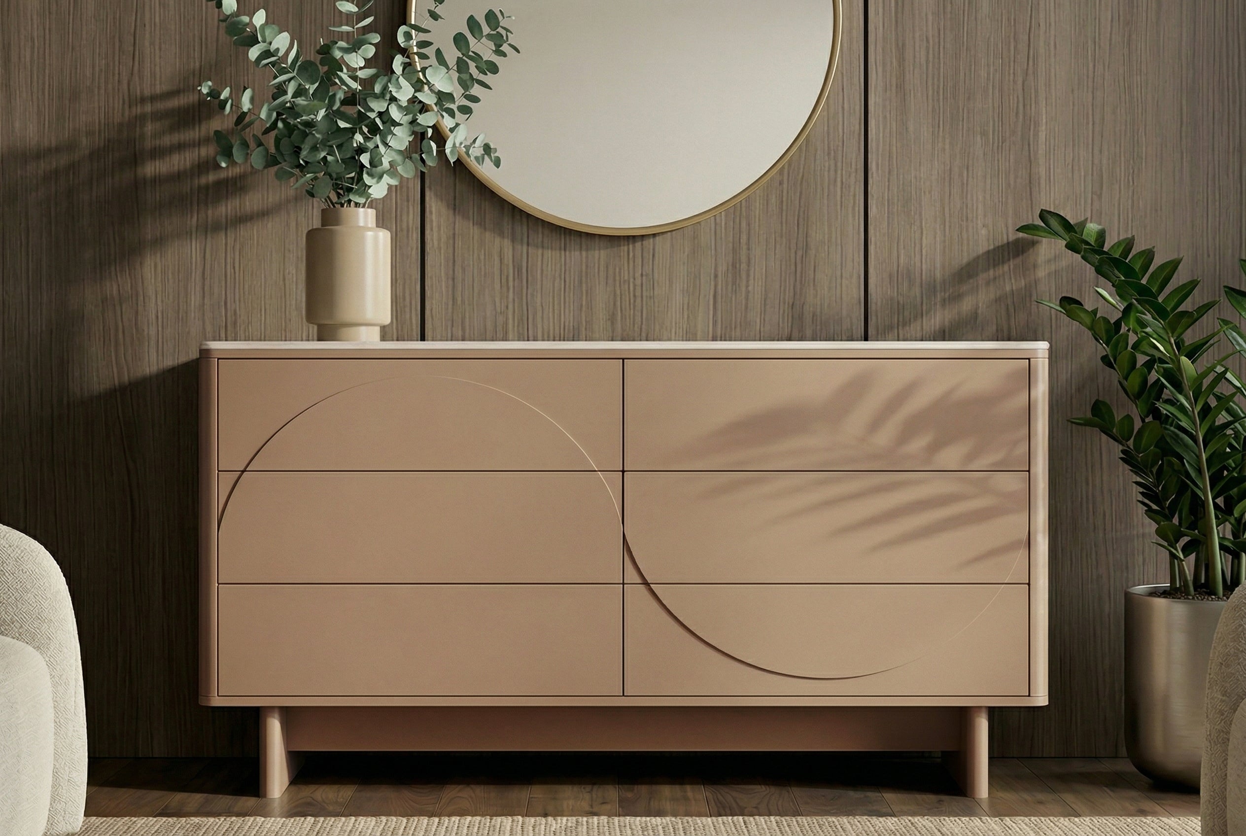 Buffet design SAVOY 150cm gris beige grège en céramique travertin avec six tiroirs