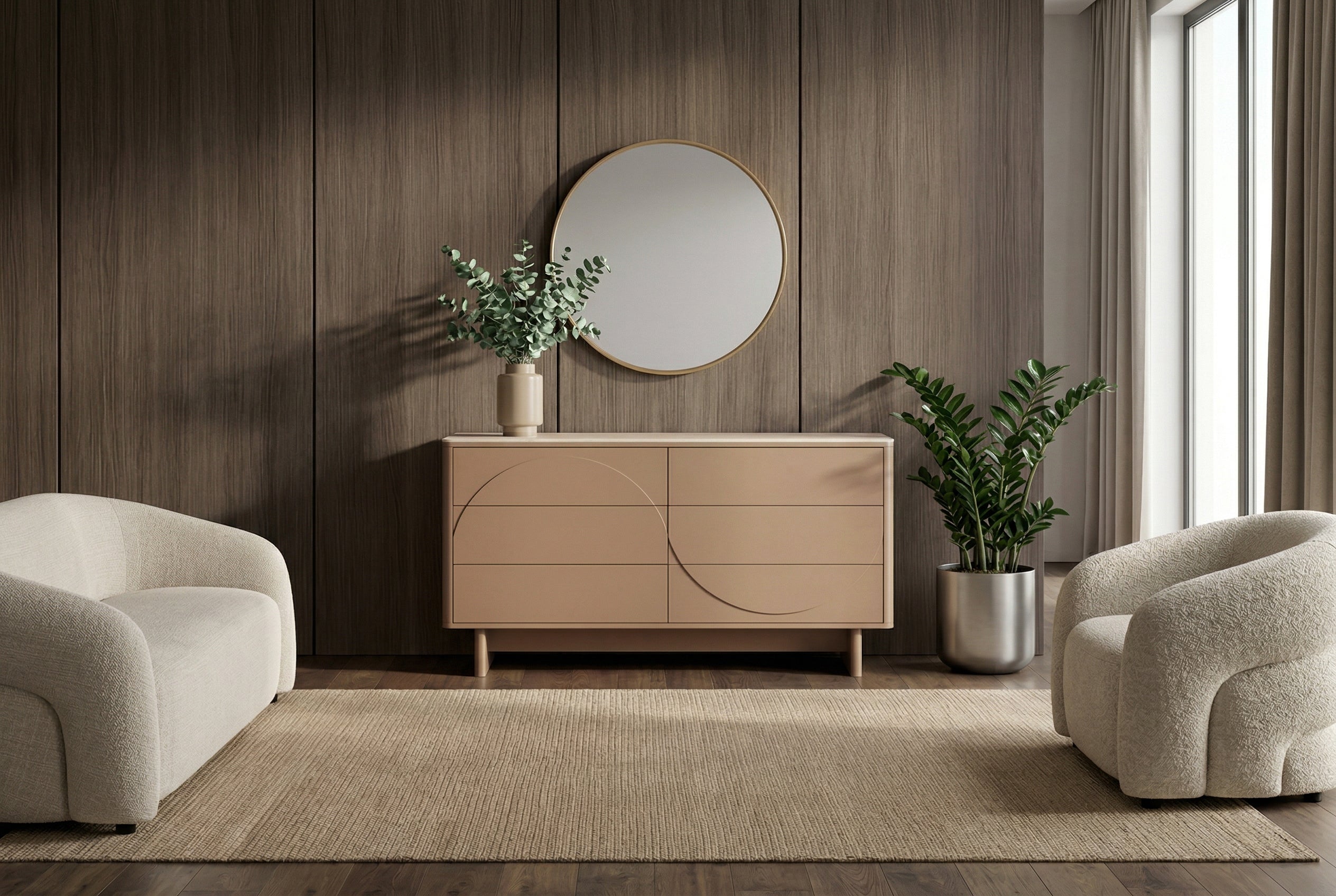 Buffet design SAVOY 150cm gris beige grège en céramique travertin avec six tiroirs