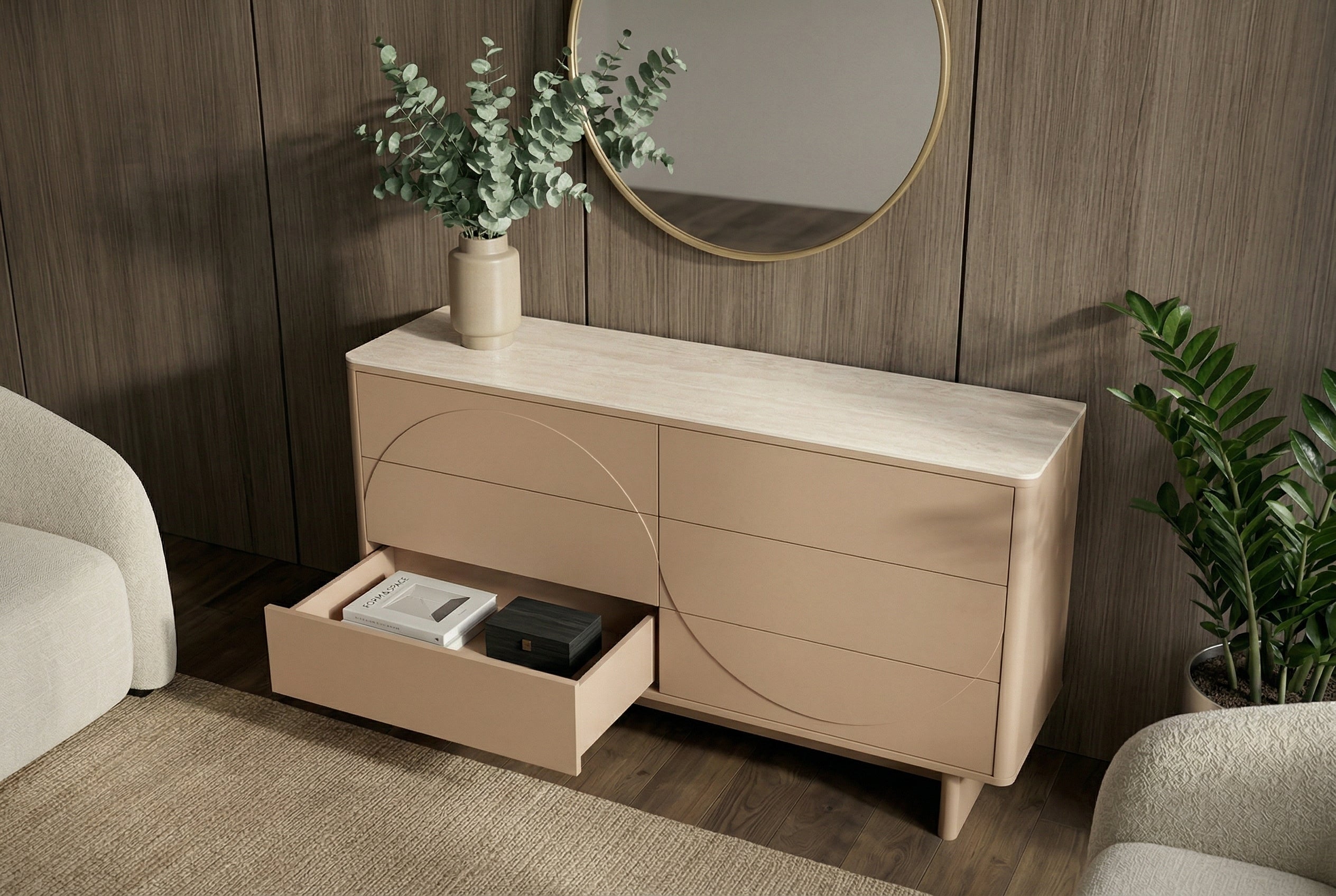 Buffet design SAVOY 150cm gris beige grège en céramique travertin avec six tiroirs