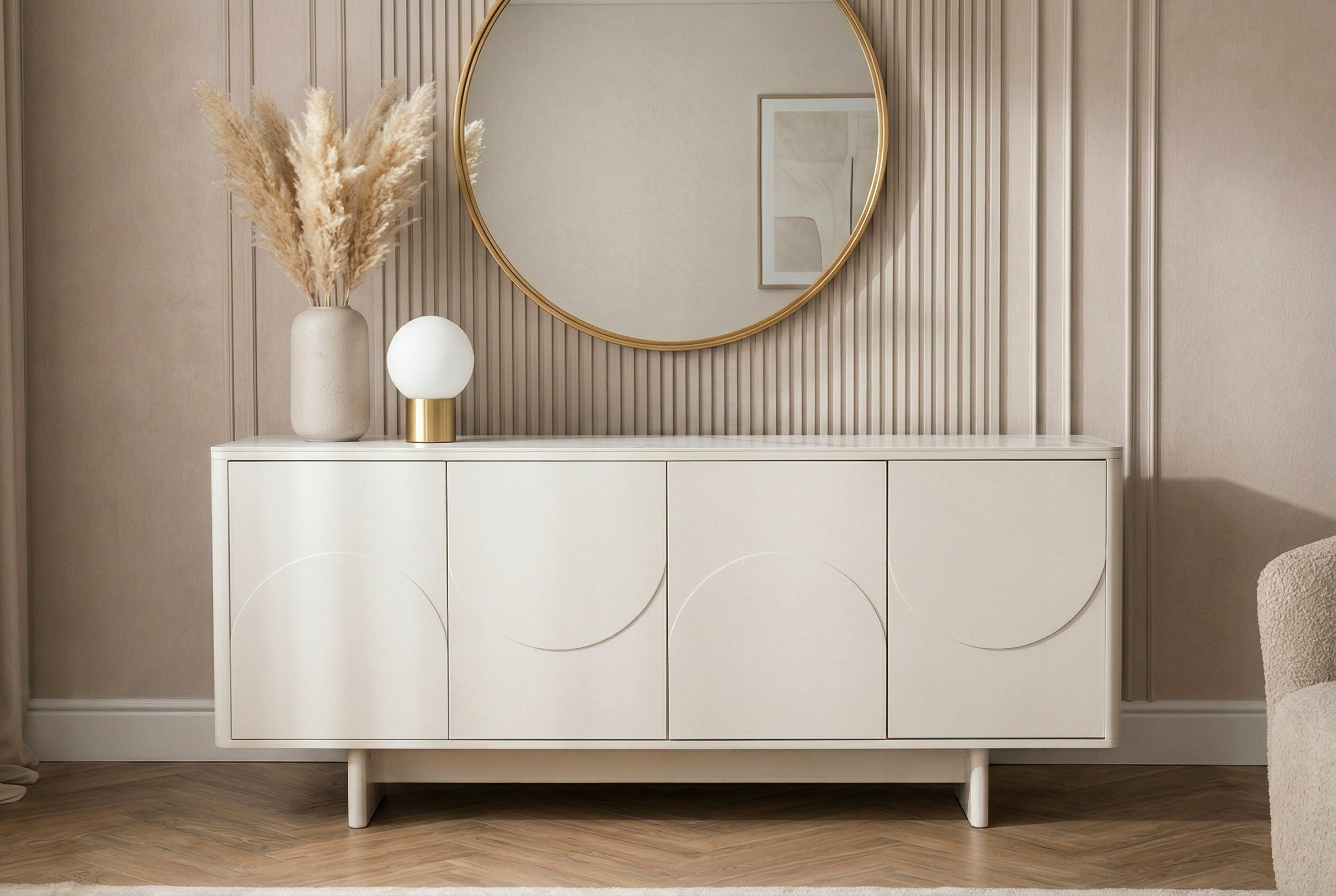 Buffet design SAVOY 180cm céramique marbre blanc cachemire avec rangements et façade 3D