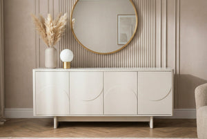 Buffet design SAVOY 180cm céramique marbre blanc cachemire avec rangements et façade 3D