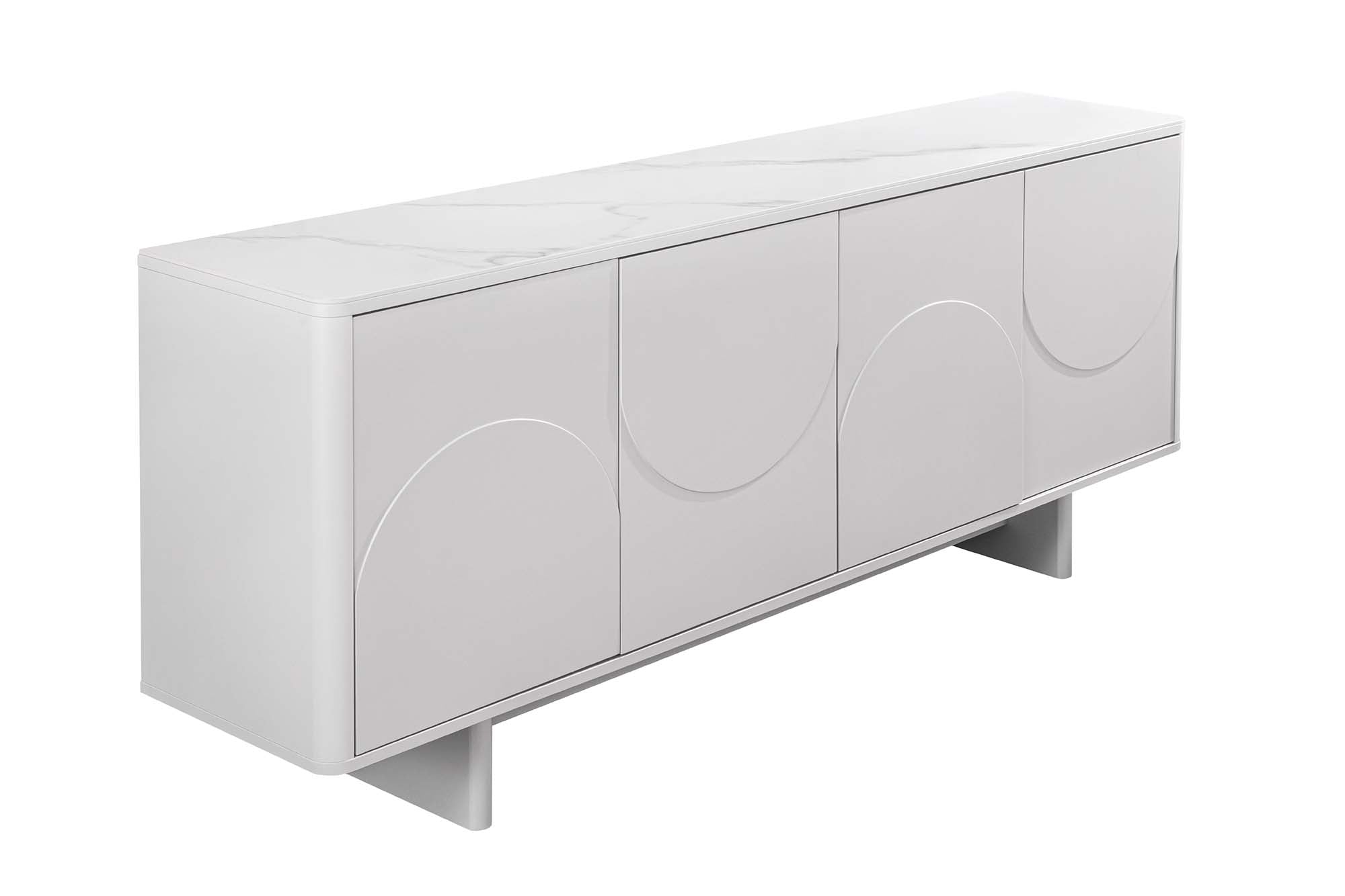 Buffet design SAVOY 180cm céramique marbre blanc cachemire avec rangements et façade 3D