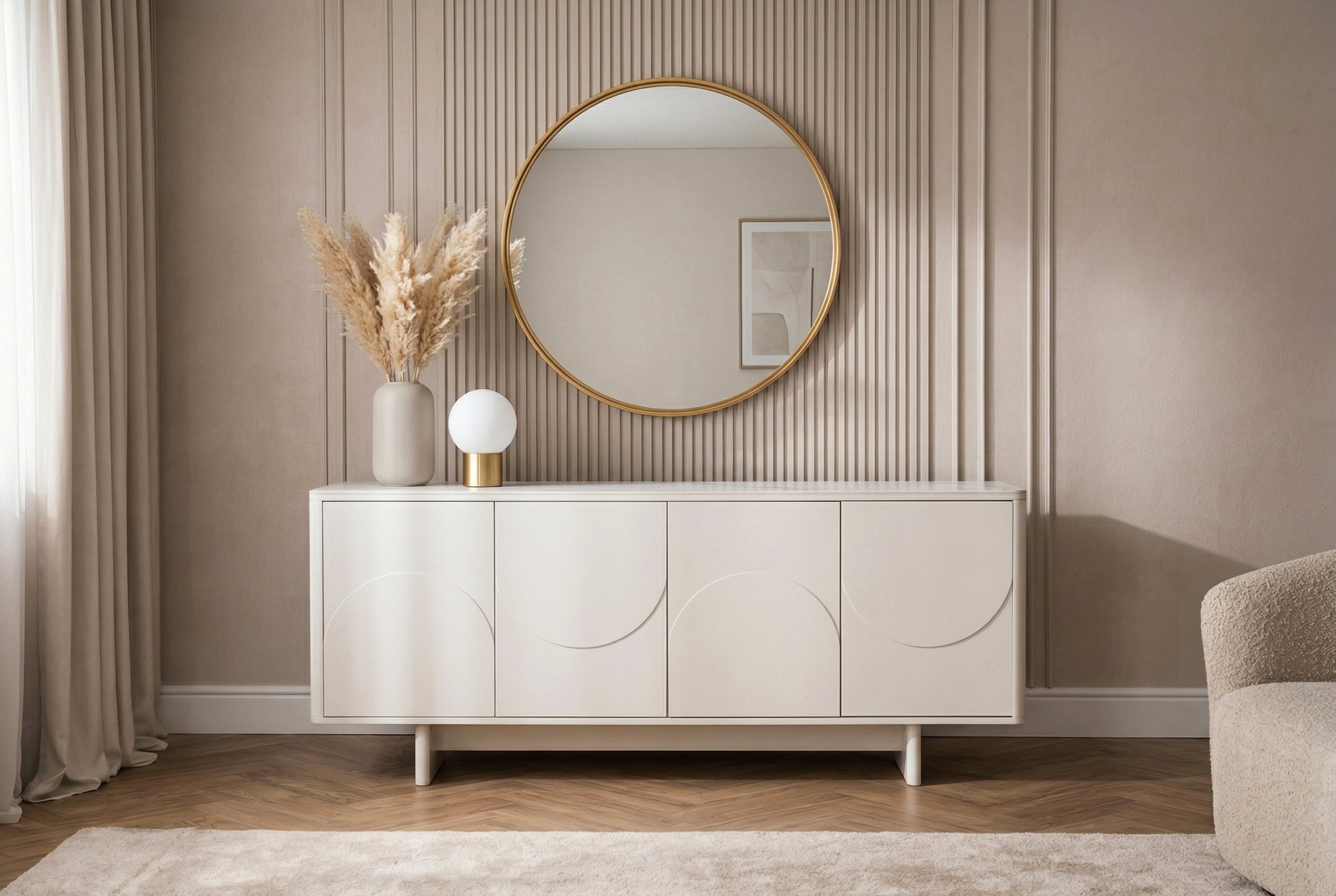 Buffet design SAVOY 180cm céramique marbre blanc cachemire avec rangements et façade 3D
