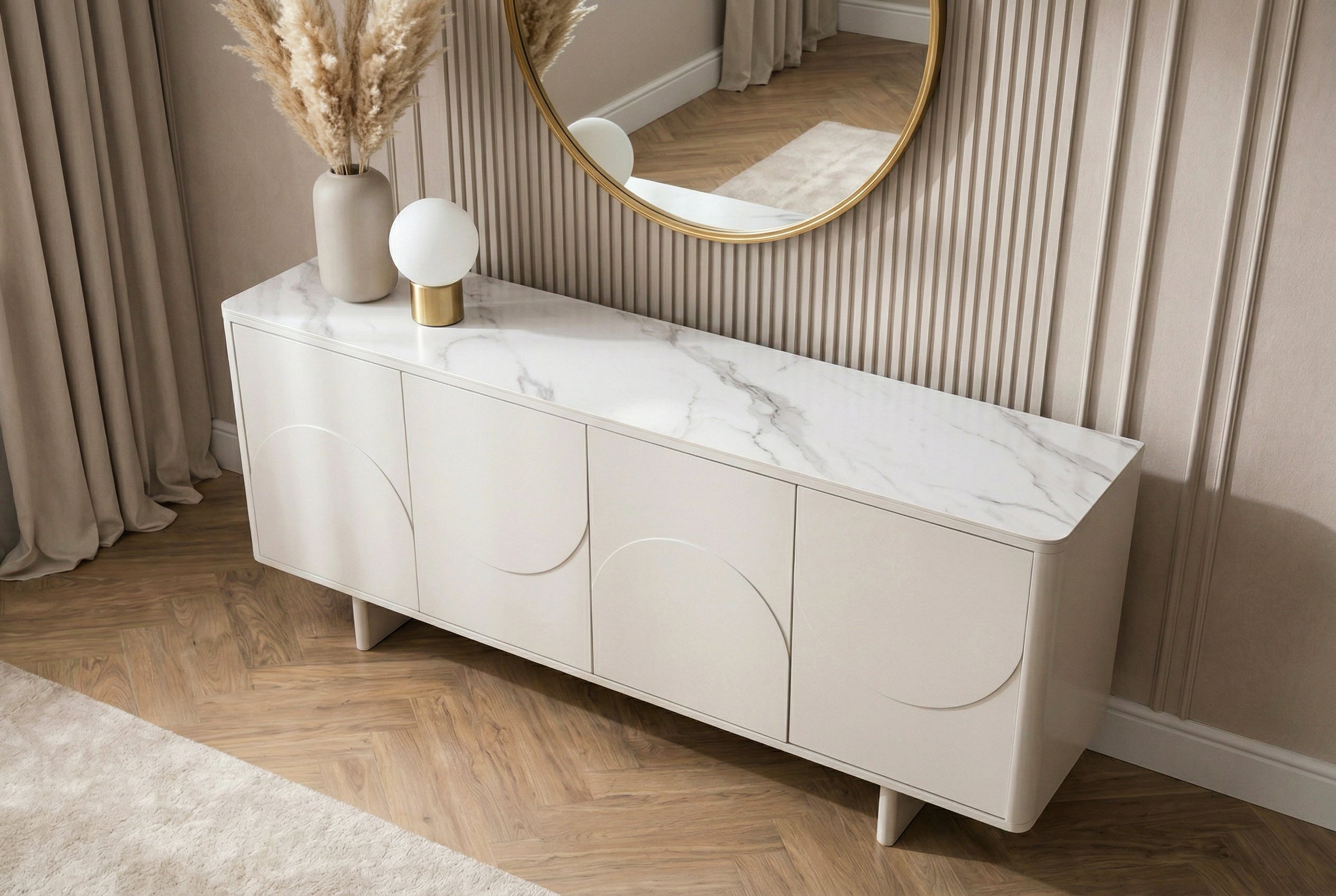 Buffet design SAVOY 180cm céramique marbre blanc cachemire avec rangements et façade 3D