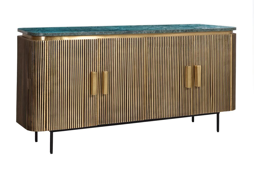 Buffet design VENEZIANO 160cm laiton dessus marbre vert manguier rétro