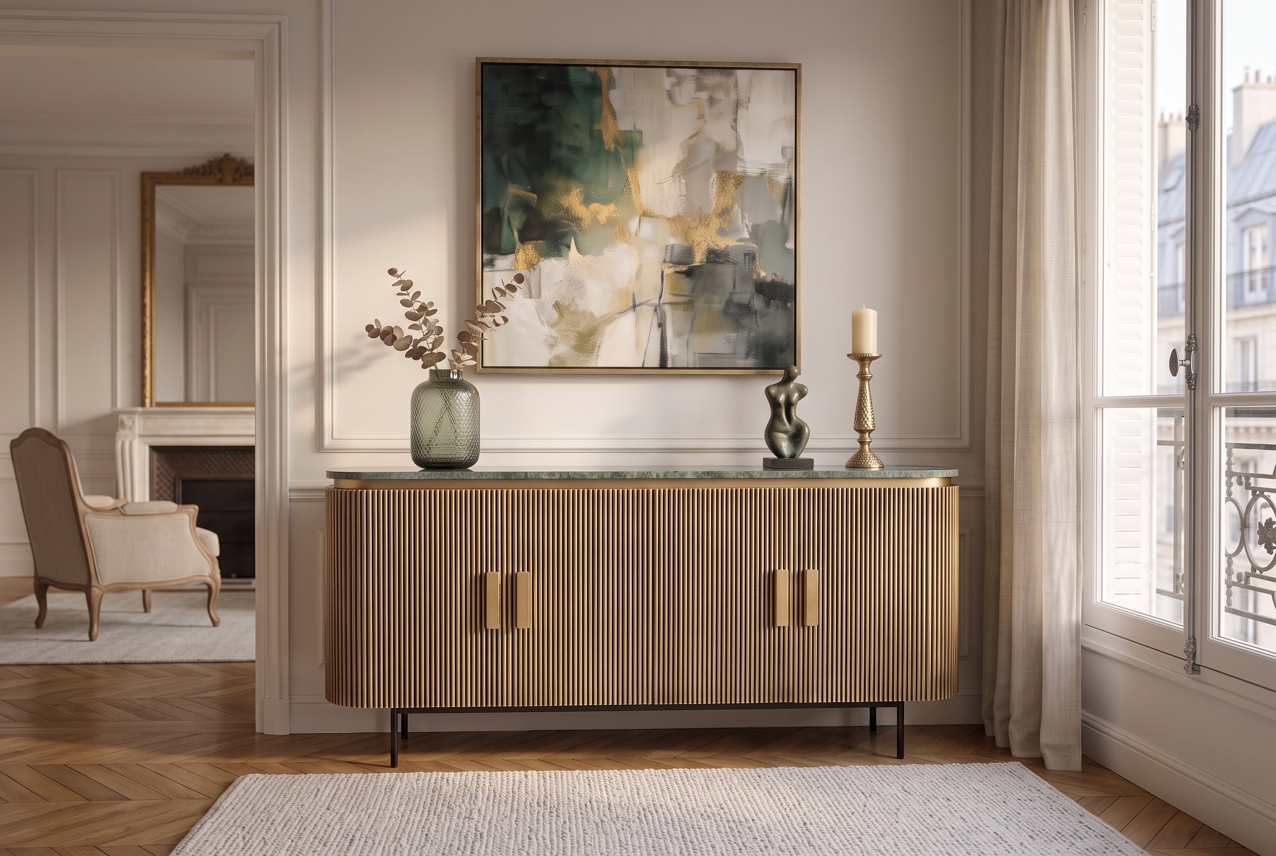 Buffet design VENEZIANO 160cm laiton dessus marbre vert manguier rétro