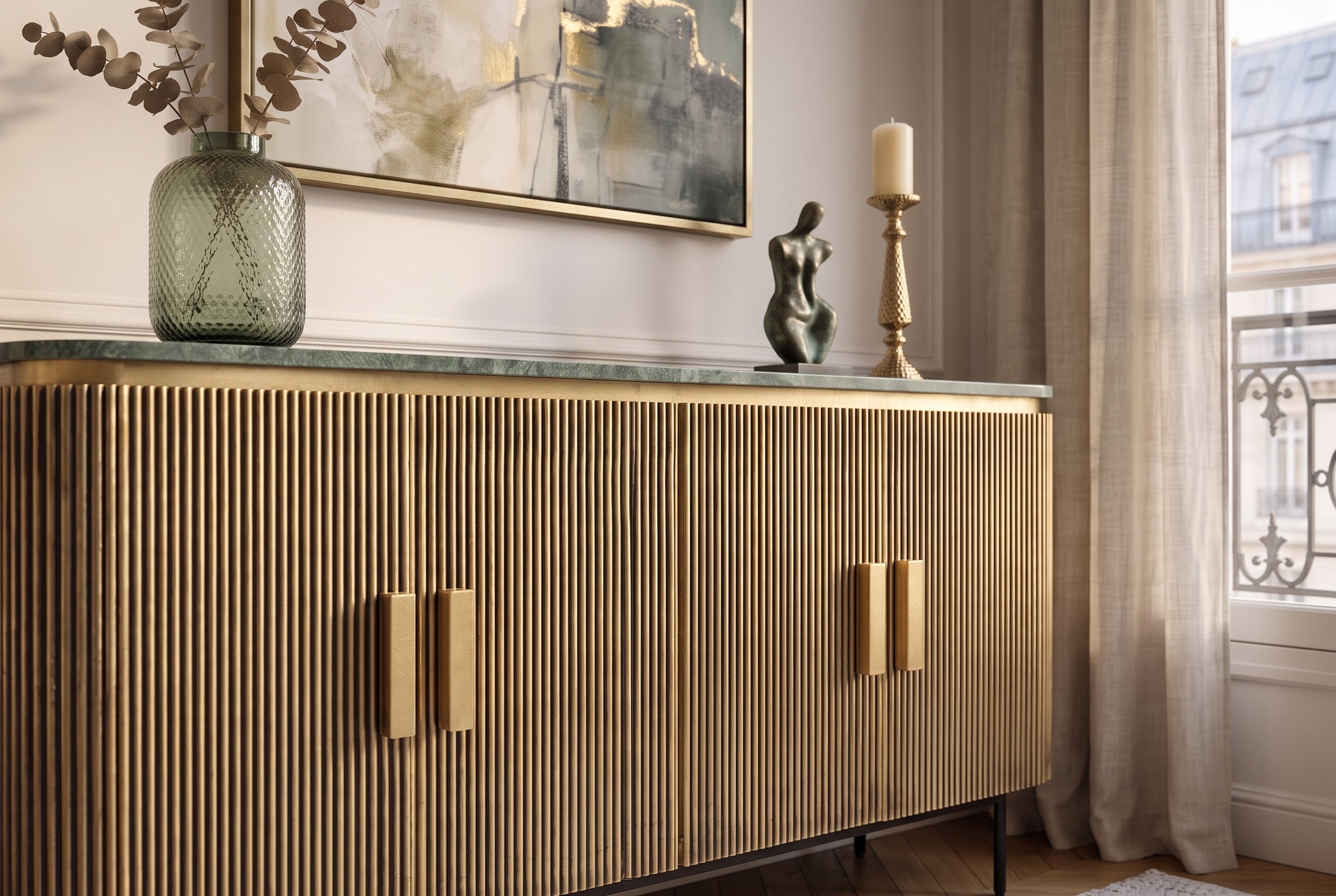 Buffet design VENEZIANO 160cm laiton dessus marbre vert manguier rétro