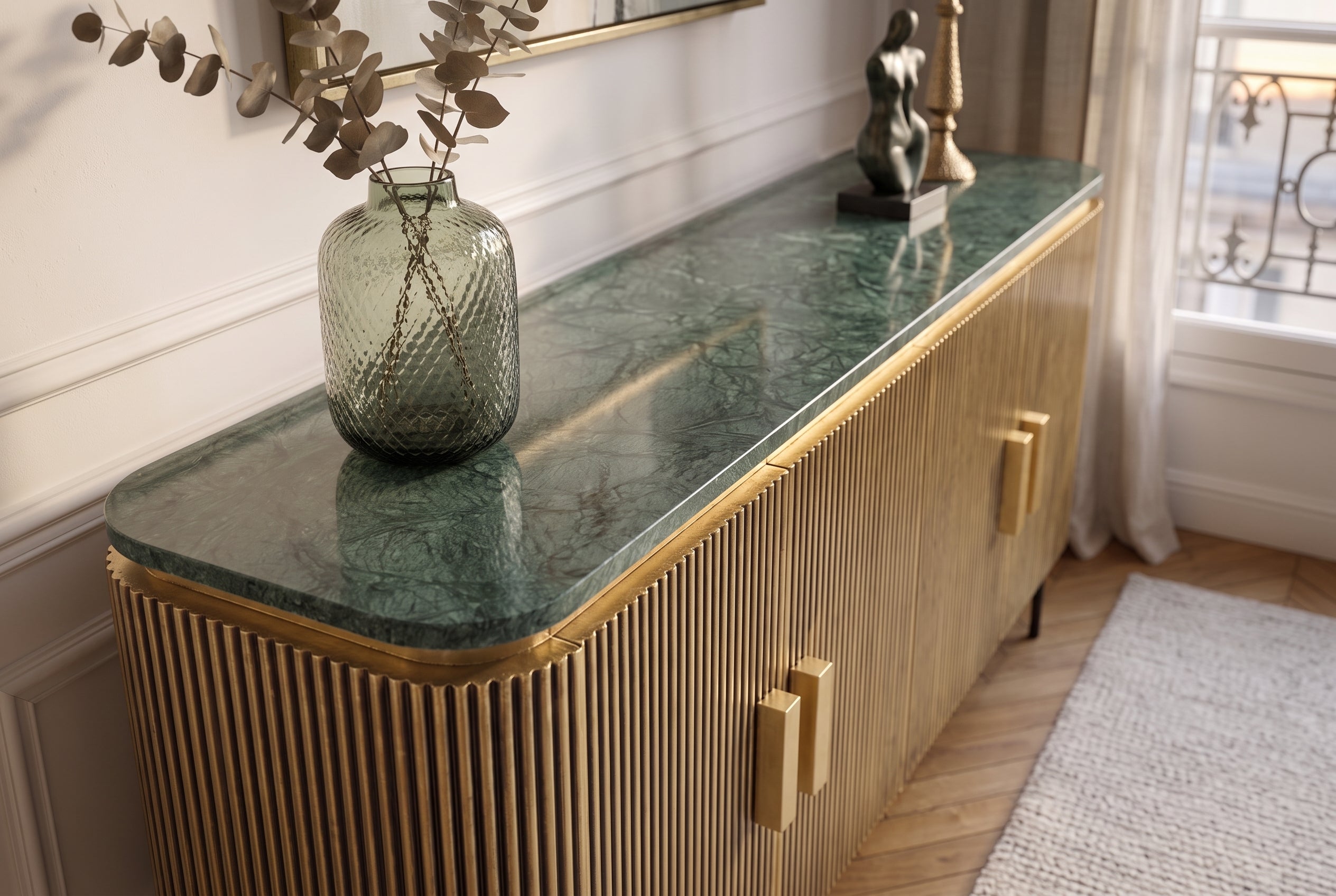Buffet design VENEZIANO 160cm laiton dessus marbre vert manguier rétro