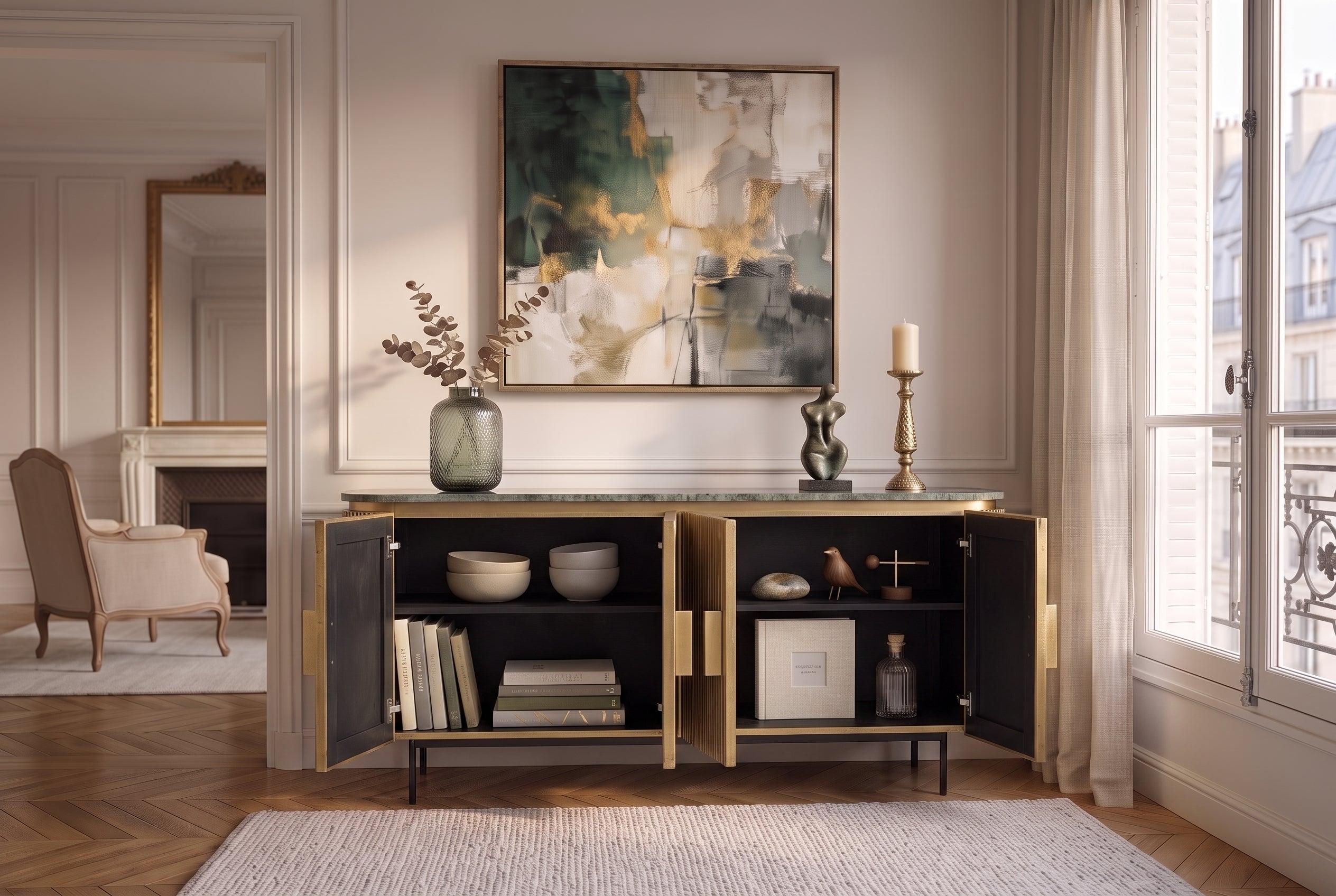 Buffet design VENEZIANO 160cm laiton dessus marbre vert manguier rétro