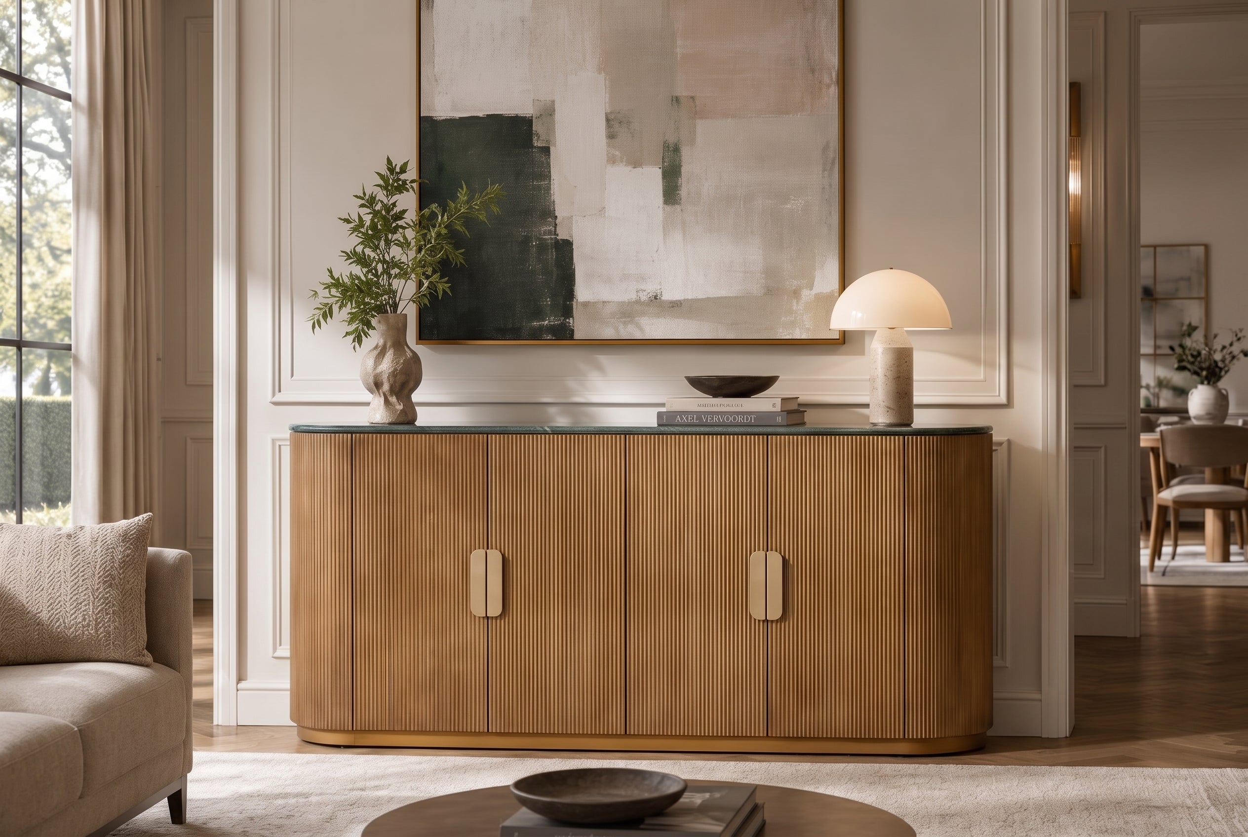 Buffet design VENEZIANO 170cm laiton bois de manguier marbre vert or