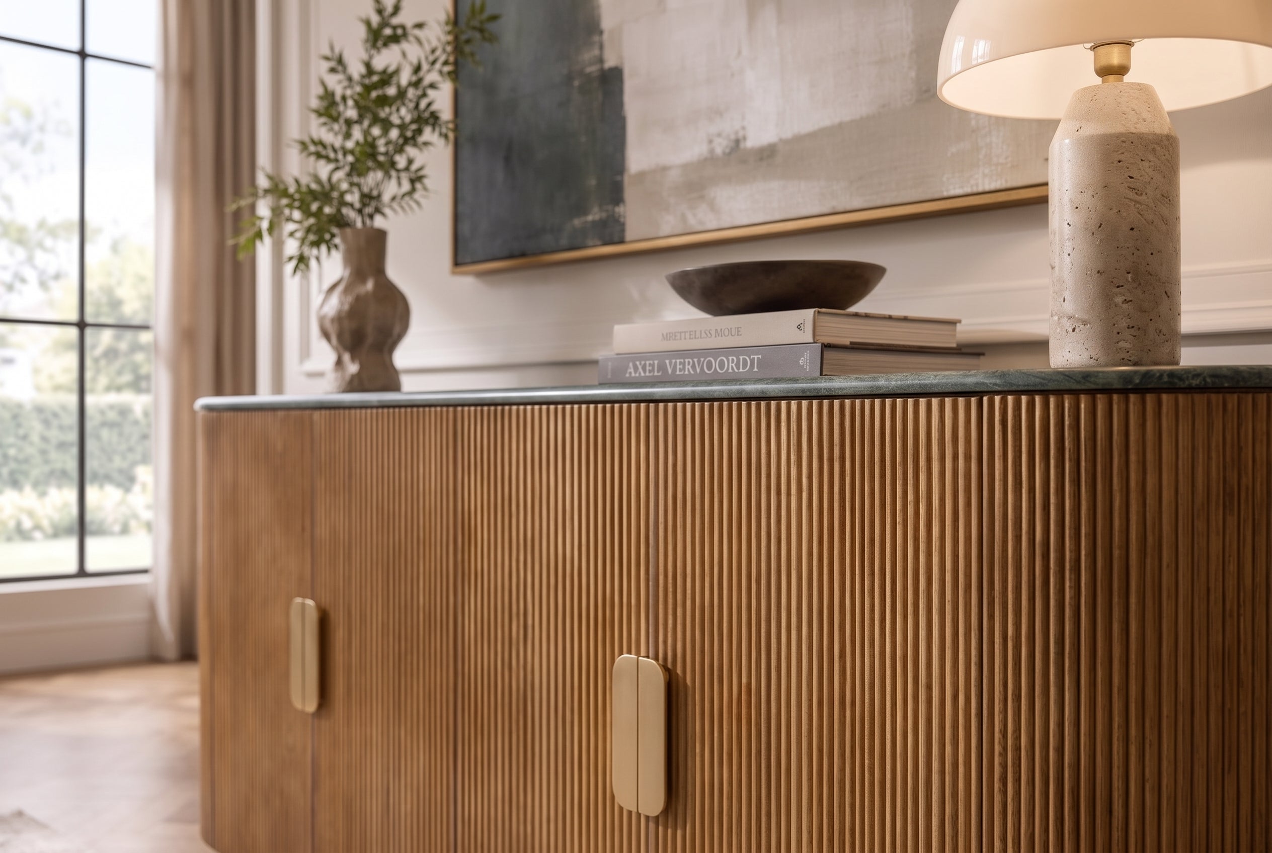 Buffet design VENEZIANO 170cm laiton bois de manguier marbre vert or