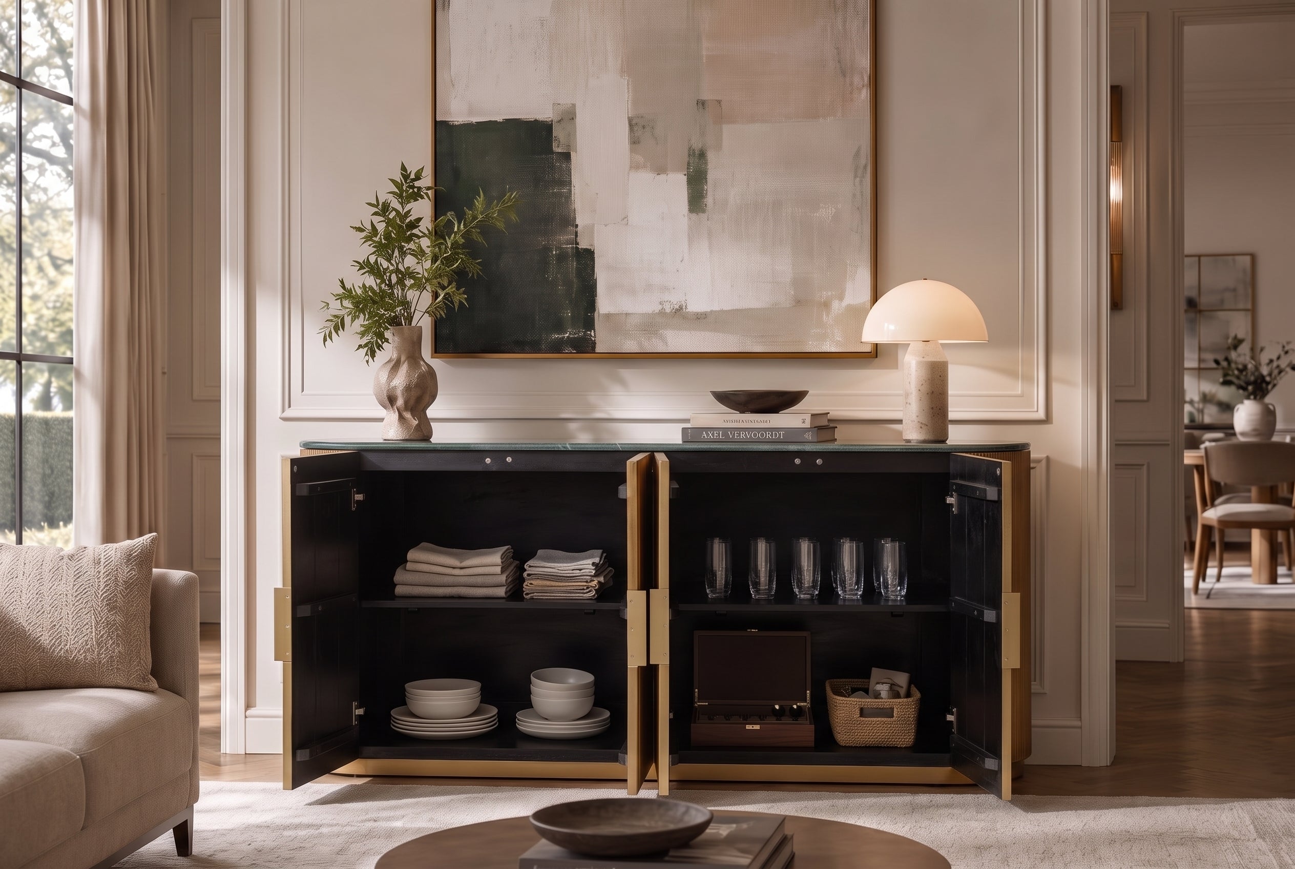 Buffet design VENEZIANO 170cm laiton bois de manguier marbre vert or