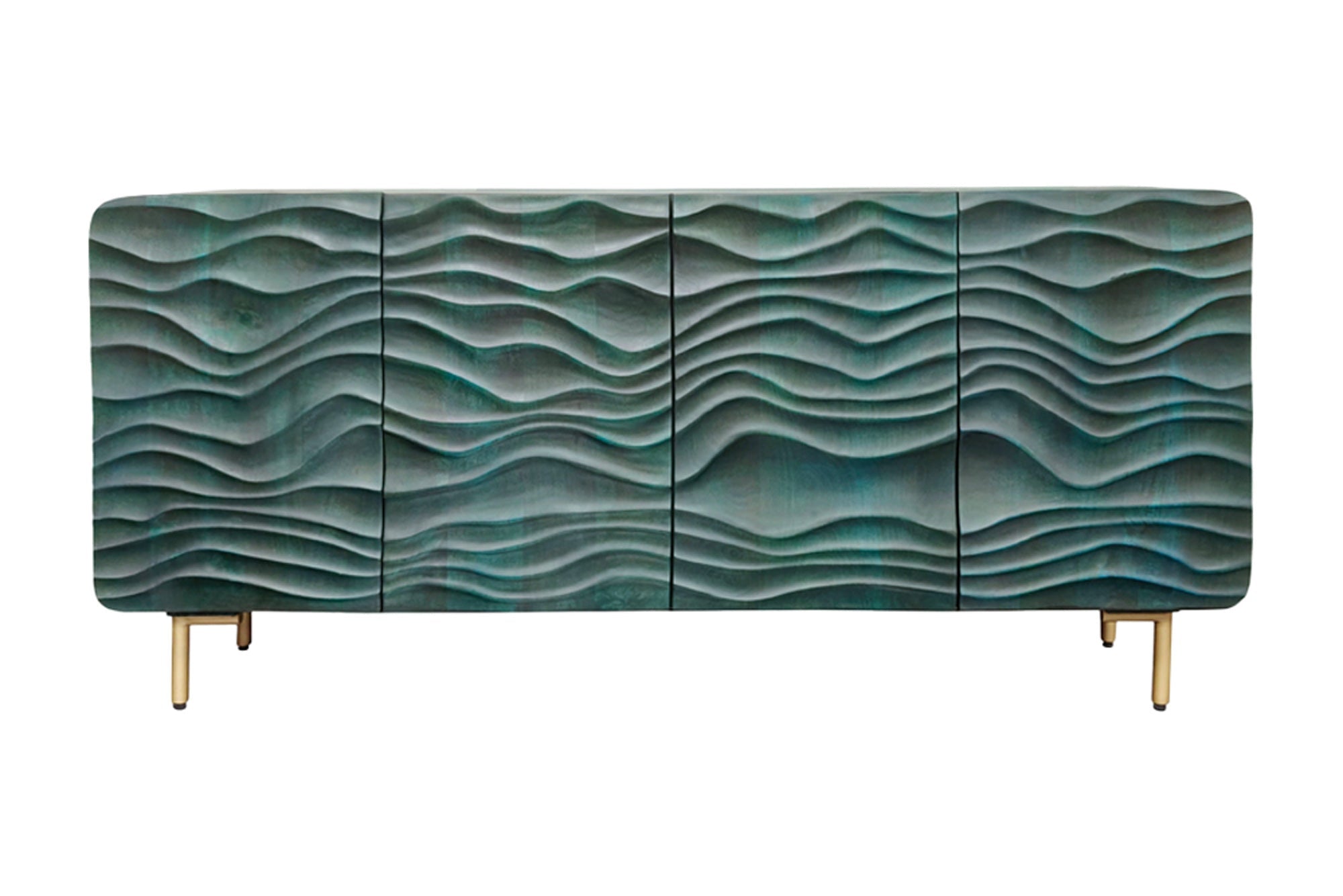 Buffet design WAVE 160cm bois de manguier turquoise bois massif pieds métal doré mat