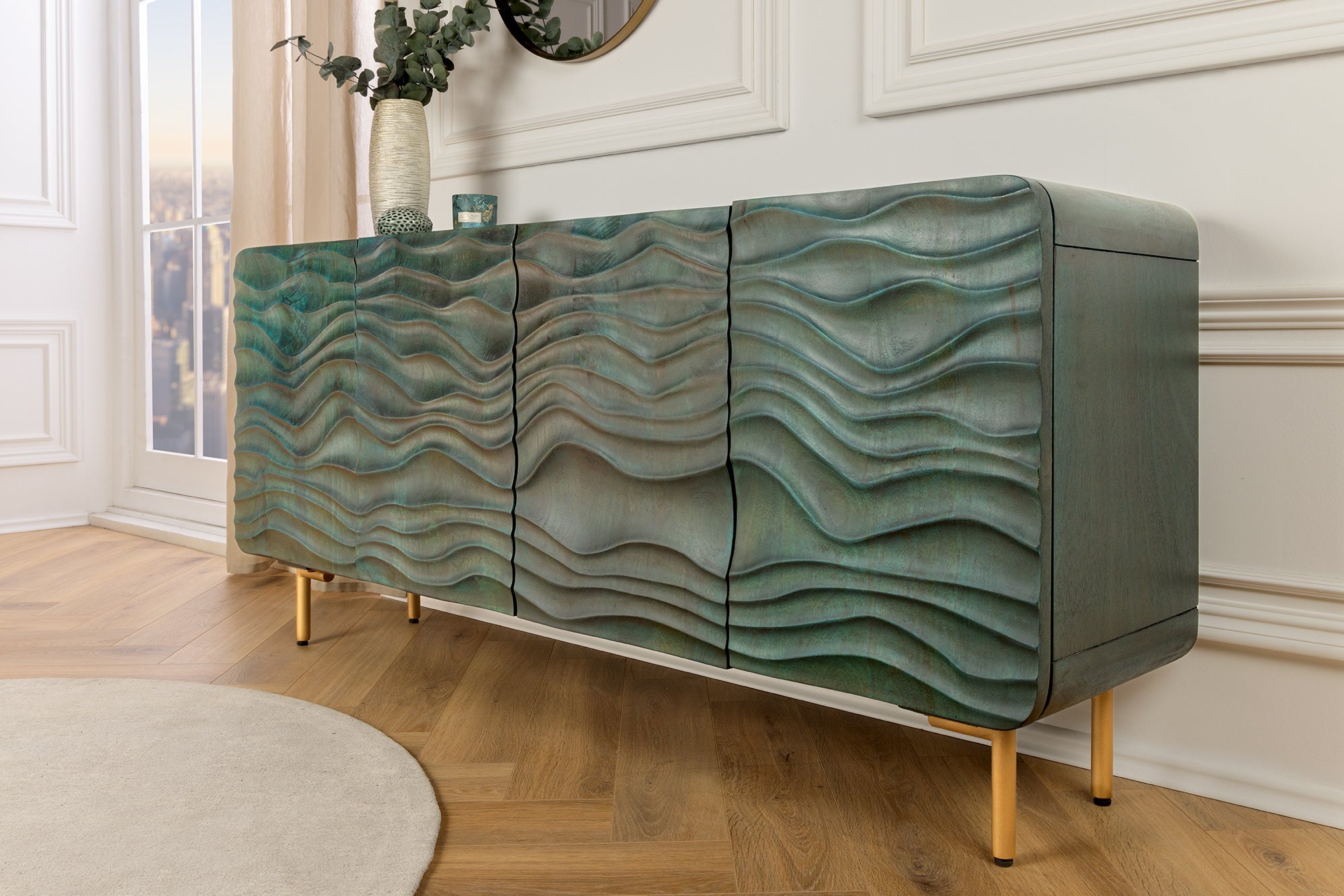 Buffet design WAVE 160cm bois de manguier turquoise bois massif pieds métal doré mat