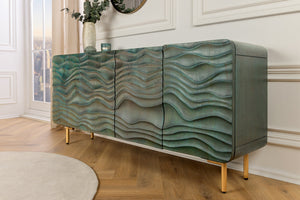Buffet design WAVE 160cm bois de manguier turquoise bois massif pieds métal doré mat
