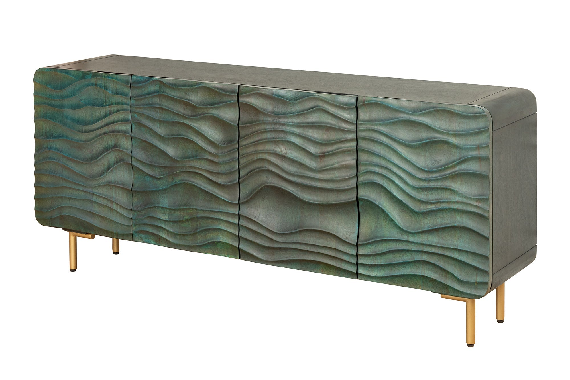 Buffet design WAVE 160cm bois de manguier turquoise bois massif pieds métal doré mat