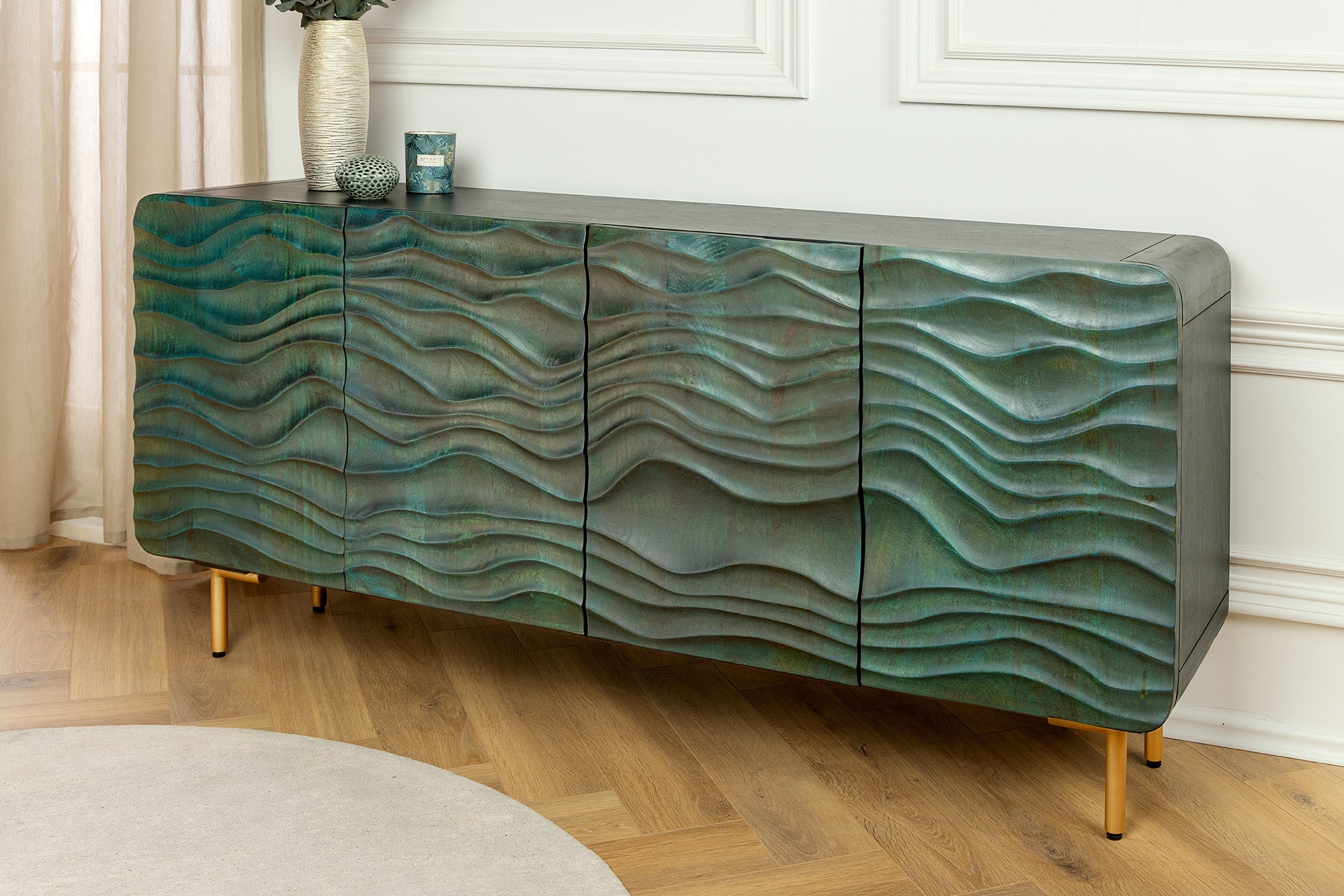 Buffet design WAVE 160cm bois de manguier turquoise bois massif pieds métal doré mat