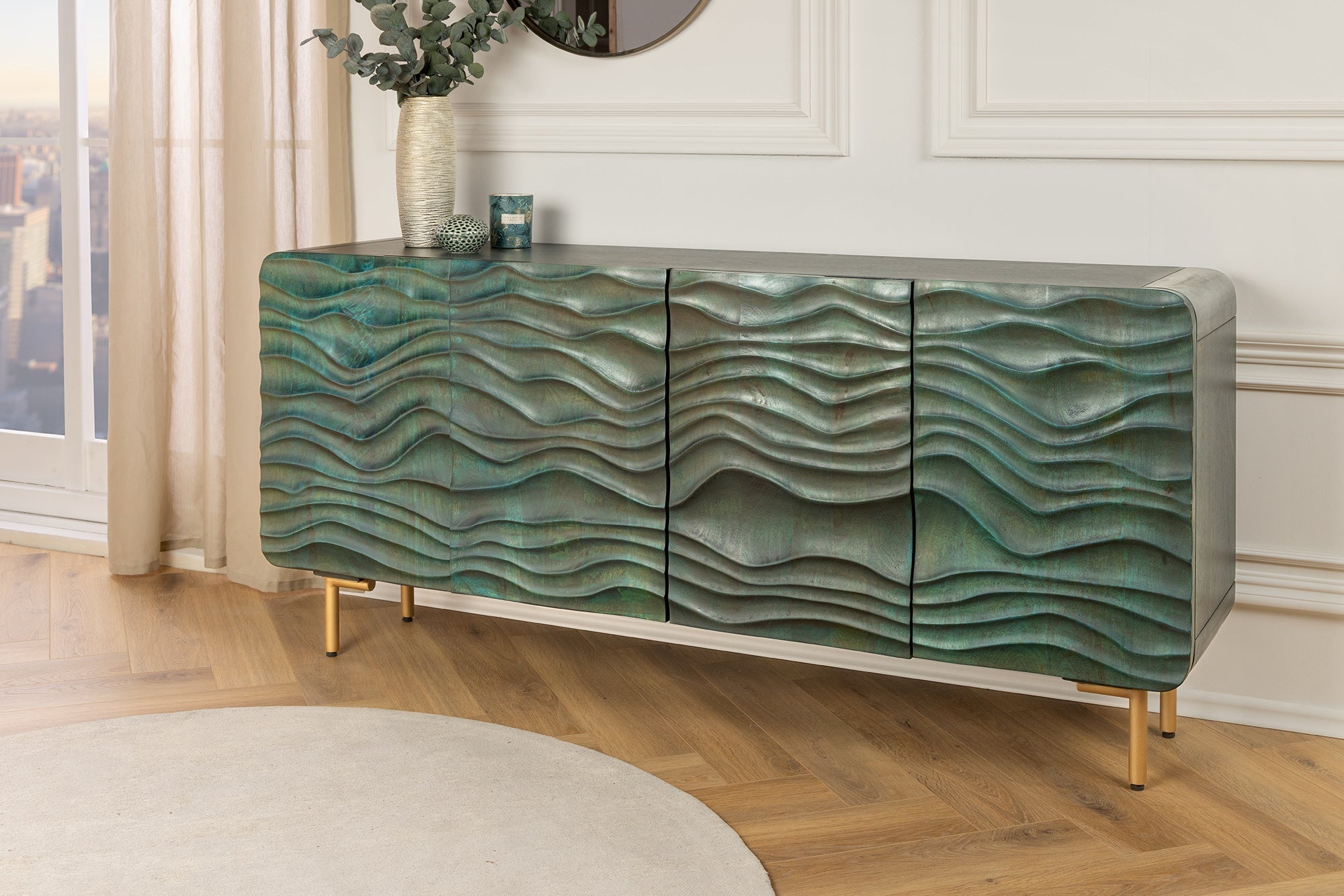 Buffet design WAVE 160cm bois de manguier turquoise bois massif pieds métal doré mat