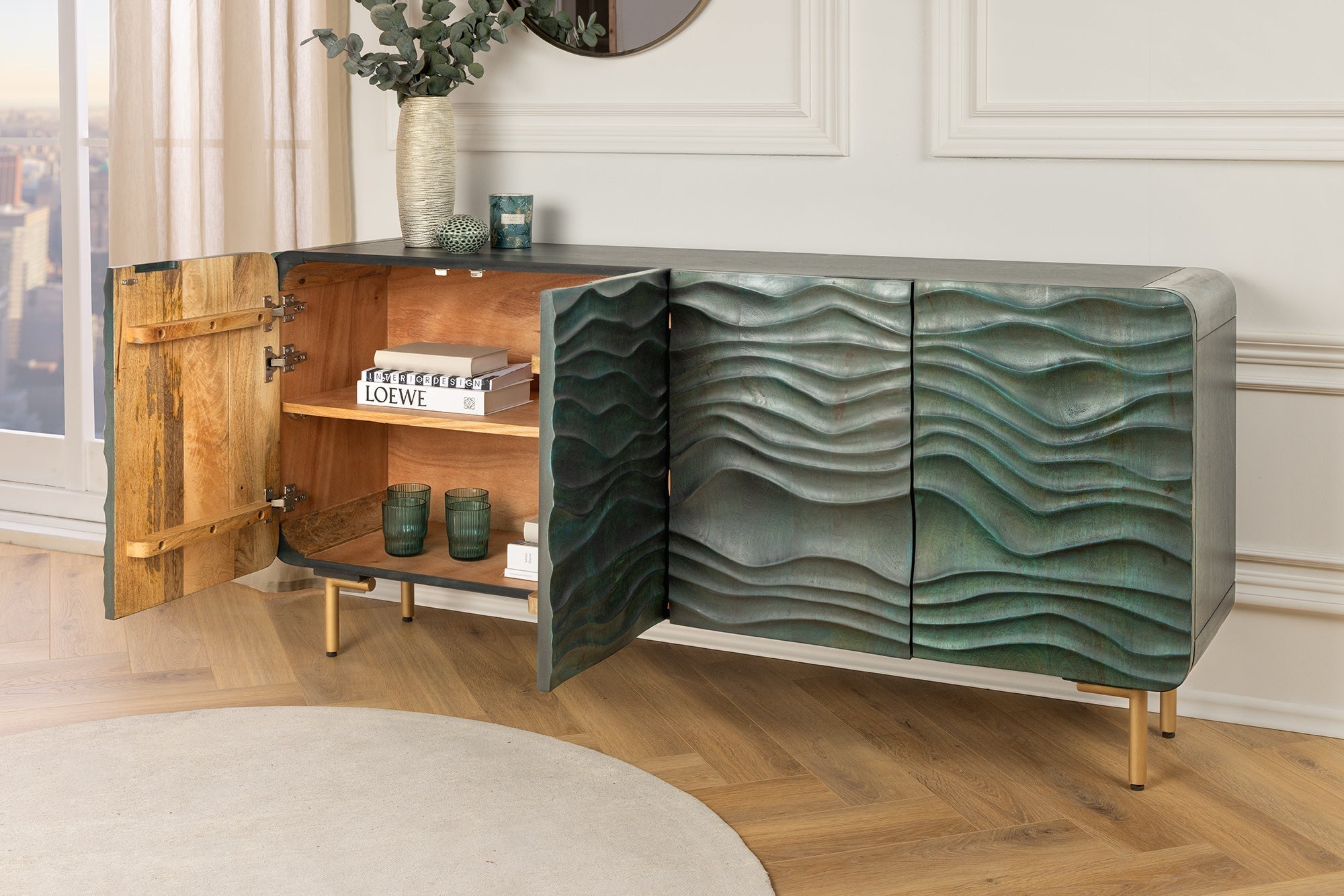 Buffet design WAVE 160cm bois de manguier turquoise bois massif pieds métal doré mat