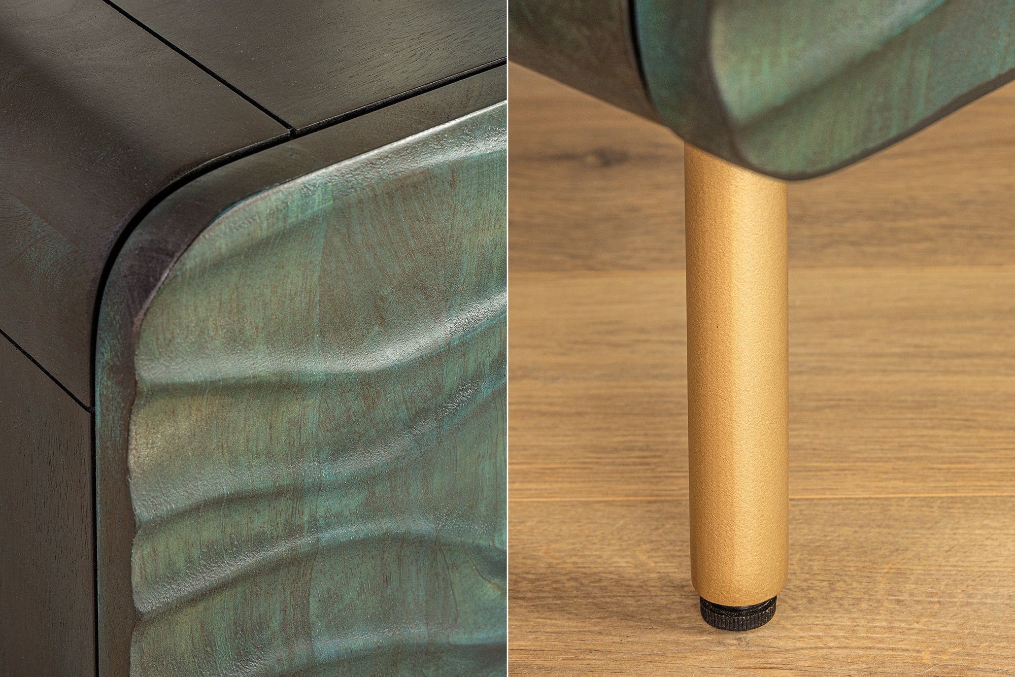 Buffet design WAVE 160cm bois de manguier turquoise bois massif pieds métal doré mat