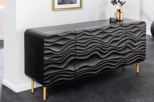 Buffet design WAVE 160cm en manguier noir massif pieds métal doré mat