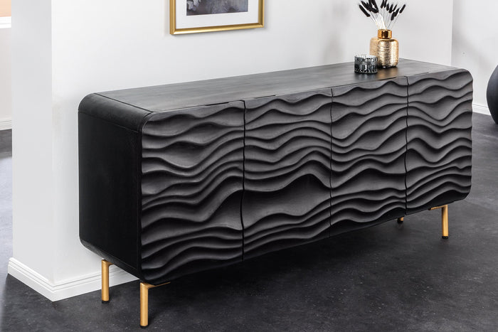 Buffet design WAVE 160cm en manguier noir massif pieds métal doré mat