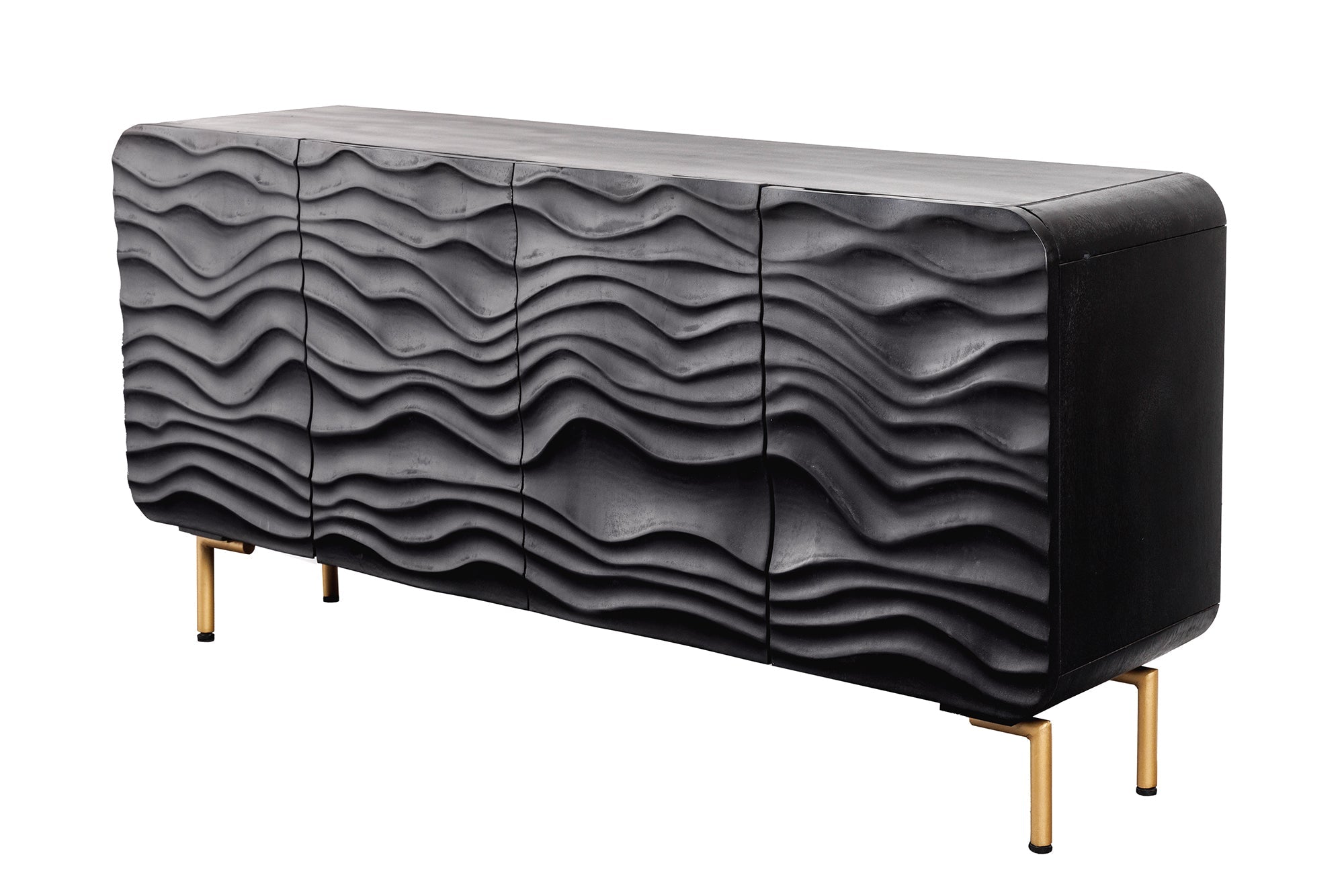 Buffet design WAVE 160cm en manguier noir massif pieds métal doré mat