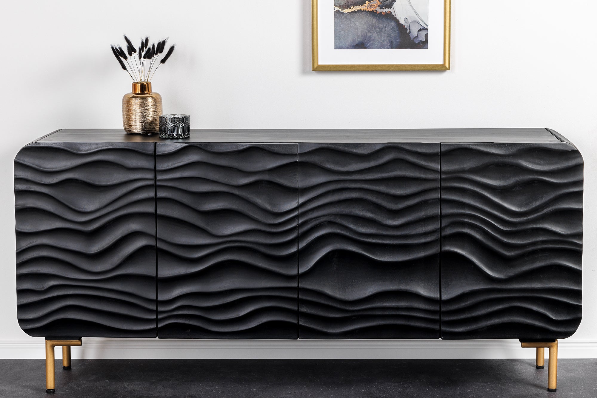 Buffet design WAVE 160cm en manguier noir massif pieds métal doré mat