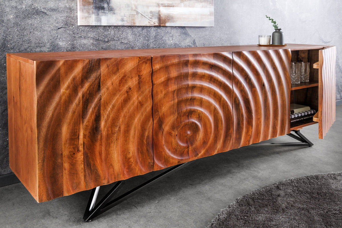 Buffet design ZEN 180cm en bois de manguier marron avec sculptures 3D structure en métal noir fait main