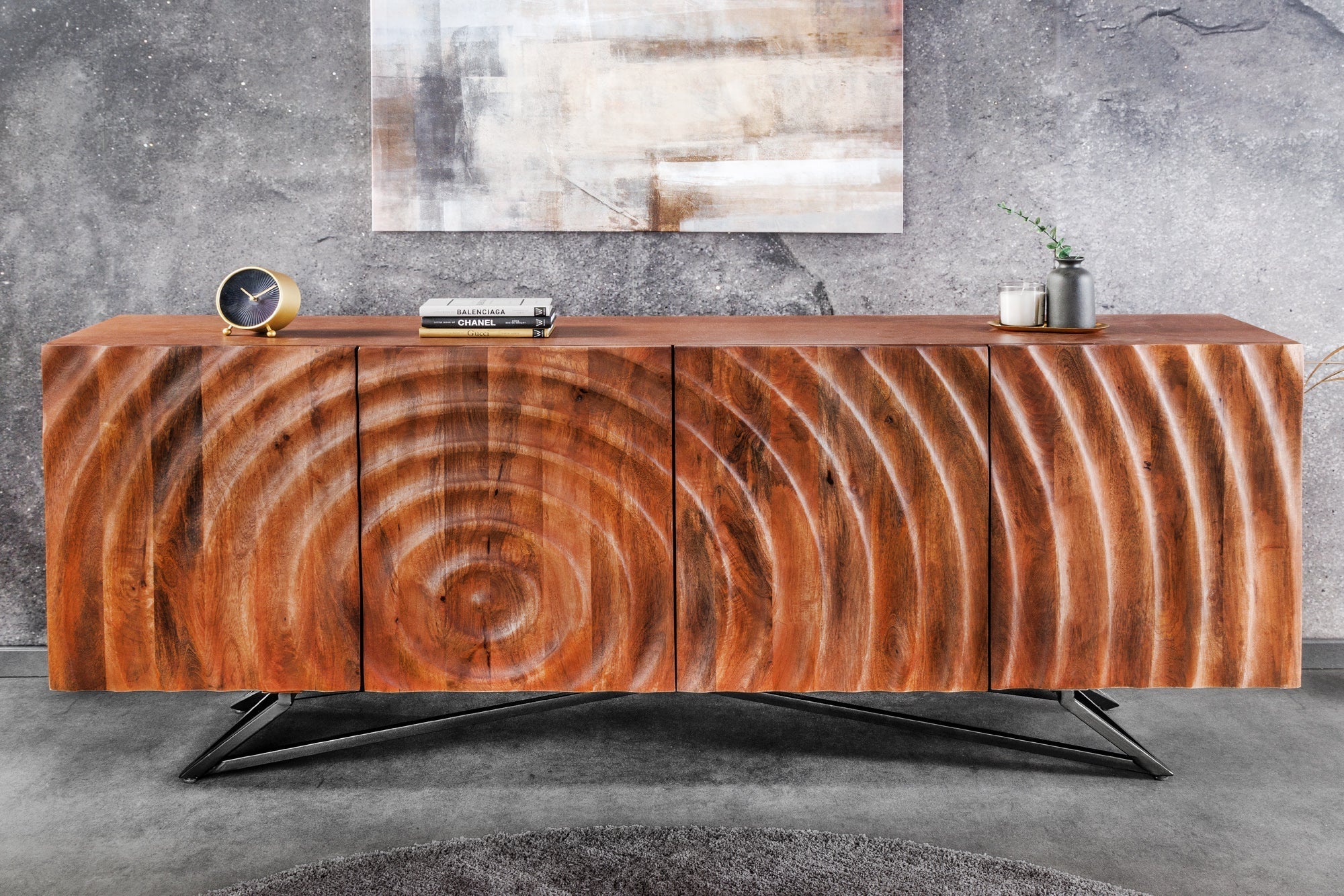 Buffet design ZEN 180cm en bois de manguier marron avec sculptures 3D structure en métal noir fait main