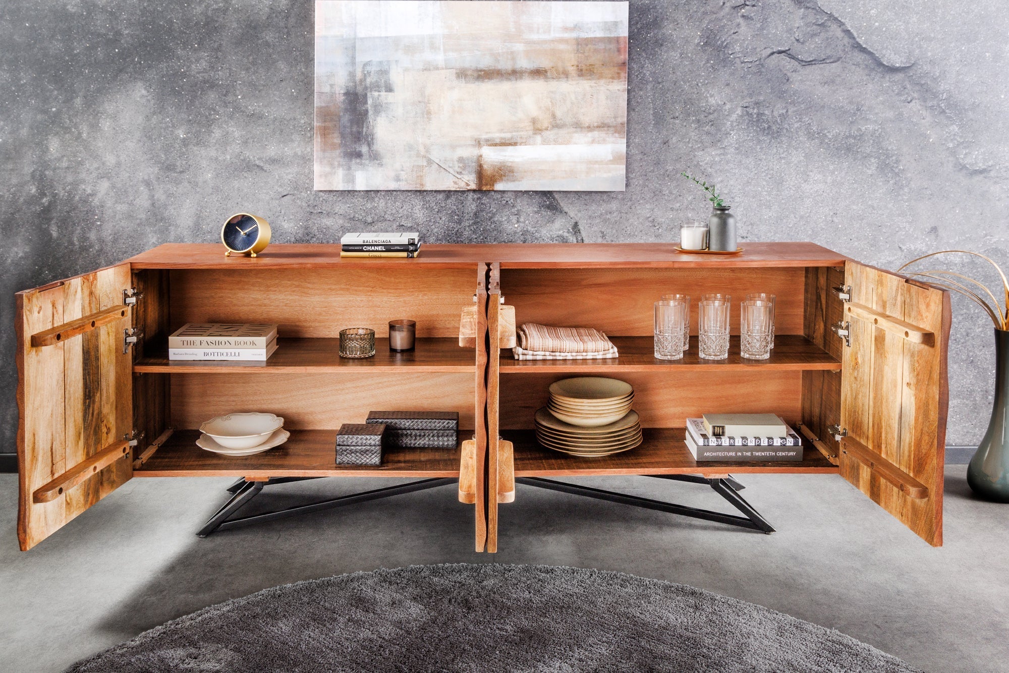Buffet design ZEN 180cm en bois de manguier marron avec sculptures 3D structure en métal noir fait main