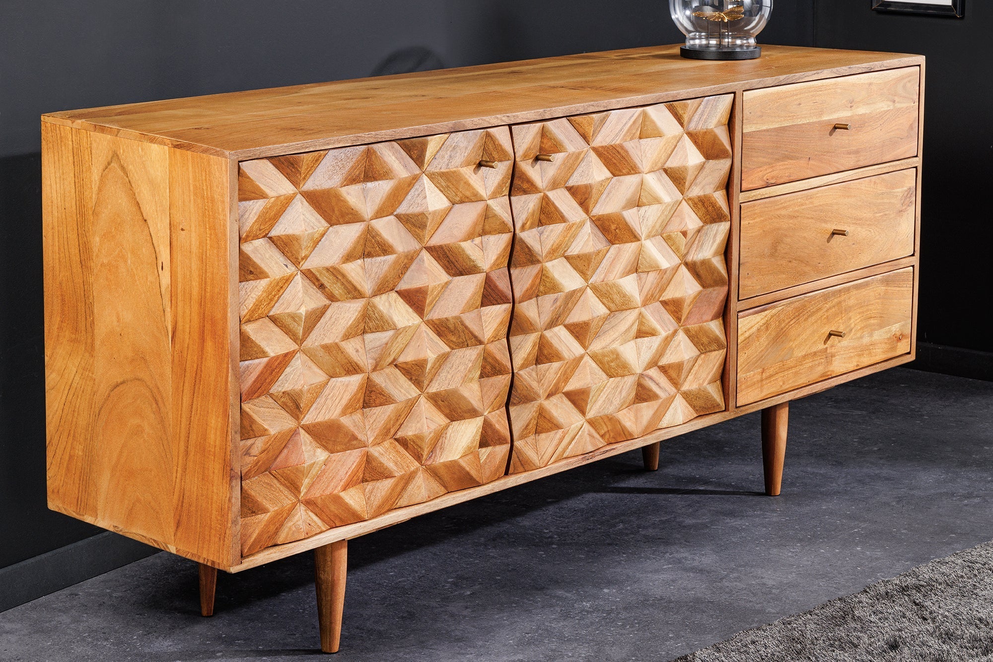 Buffet en bois massif ALPINE 145cm acacia finition miel commode avec tiroirs design rétro