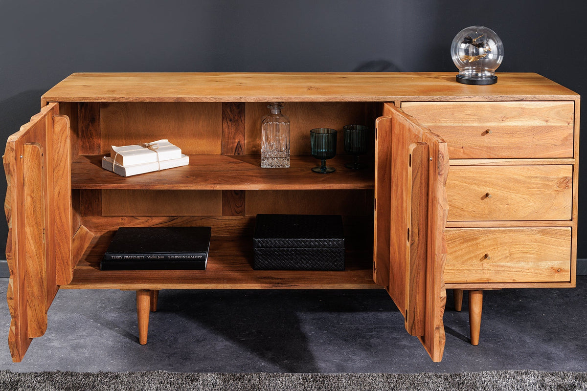 Buffet en bois massif ALPINE 145cm acacia finition miel commode avec tiroirs design rétro