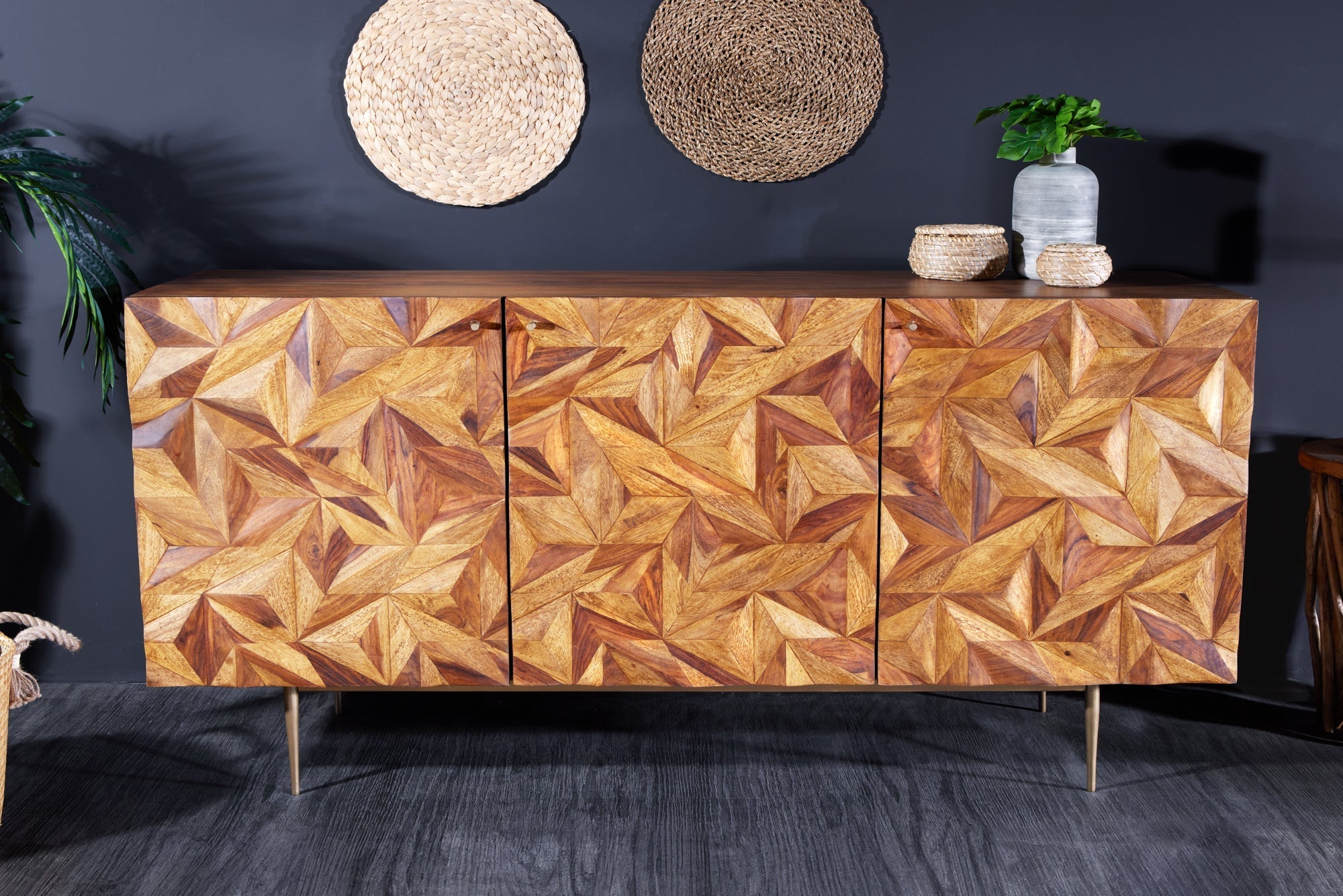 Buffet en bois massif ALPINE 145cm marron finition pierre Sheesham métal doré mat