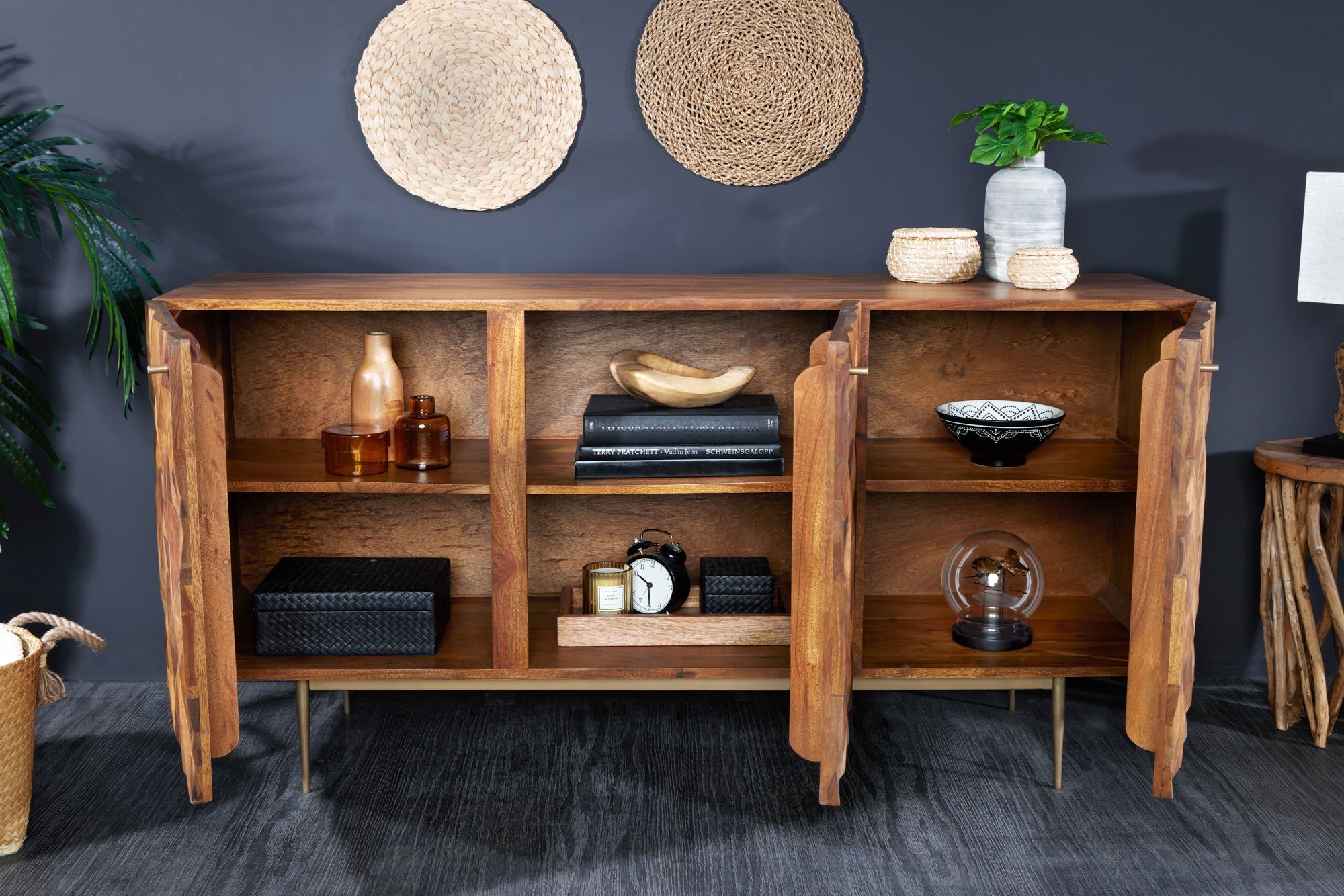Buffet en bois massif ALPINE 145cm marron finition pierre Sheesham métal doré mat