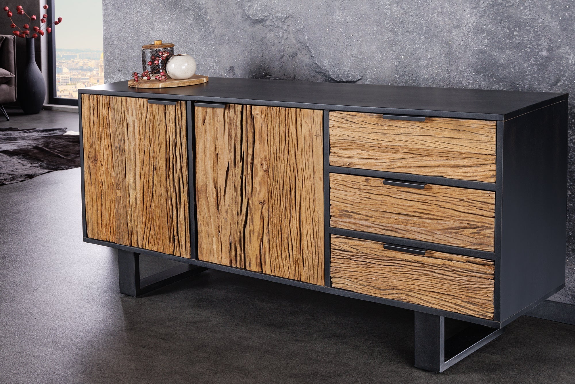 Buffet en bois massif BARRACUDA 150cm teck manguier noir métal recyclé