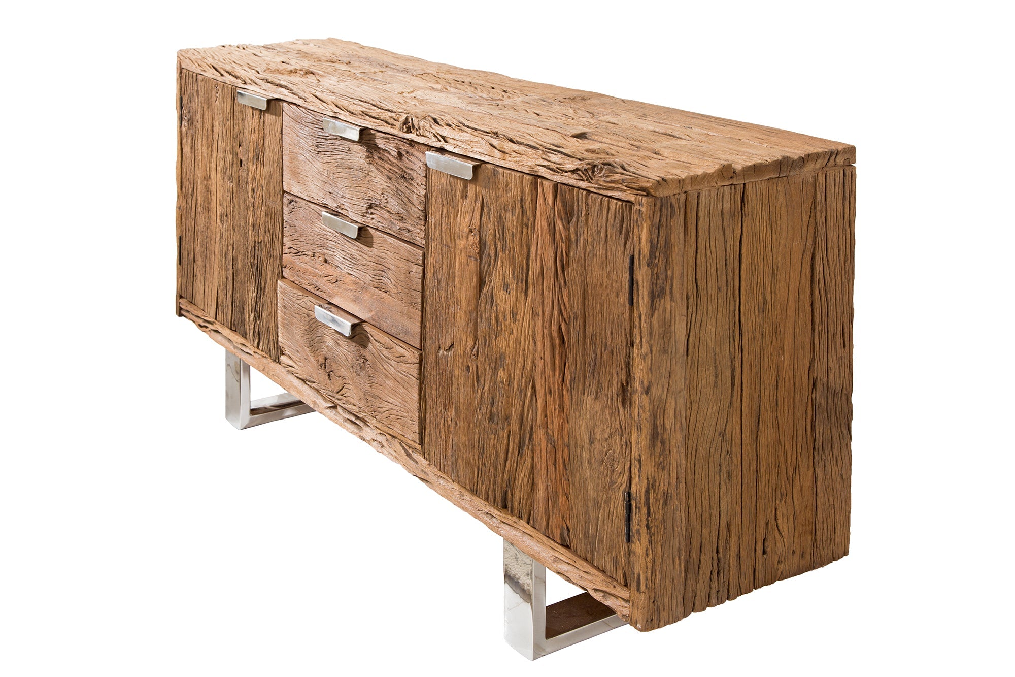 Buffet en bois massif BARRACUDA 160cm commode ancienne en teck avec pieds luges en acier