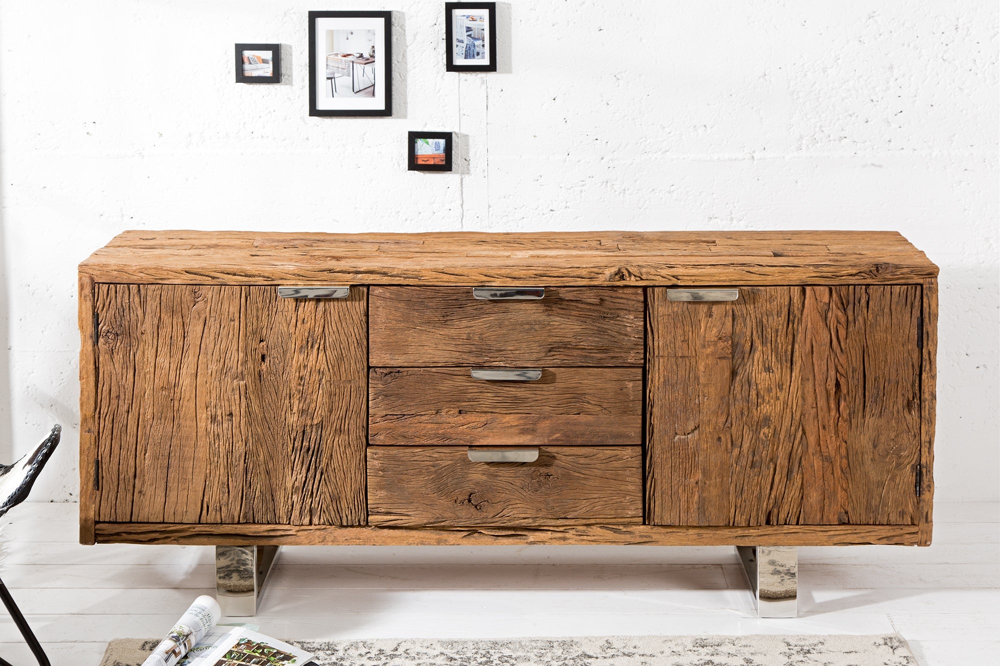 Buffet en bois massif BARRACUDA 160cm commode ancienne en teck avec pieds luges en acier