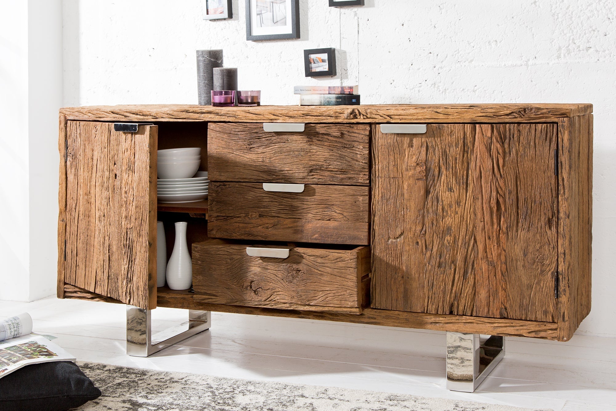Buffet en bois massif BARRACUDA 160cm commode ancienne en teck avec pieds luges en acier