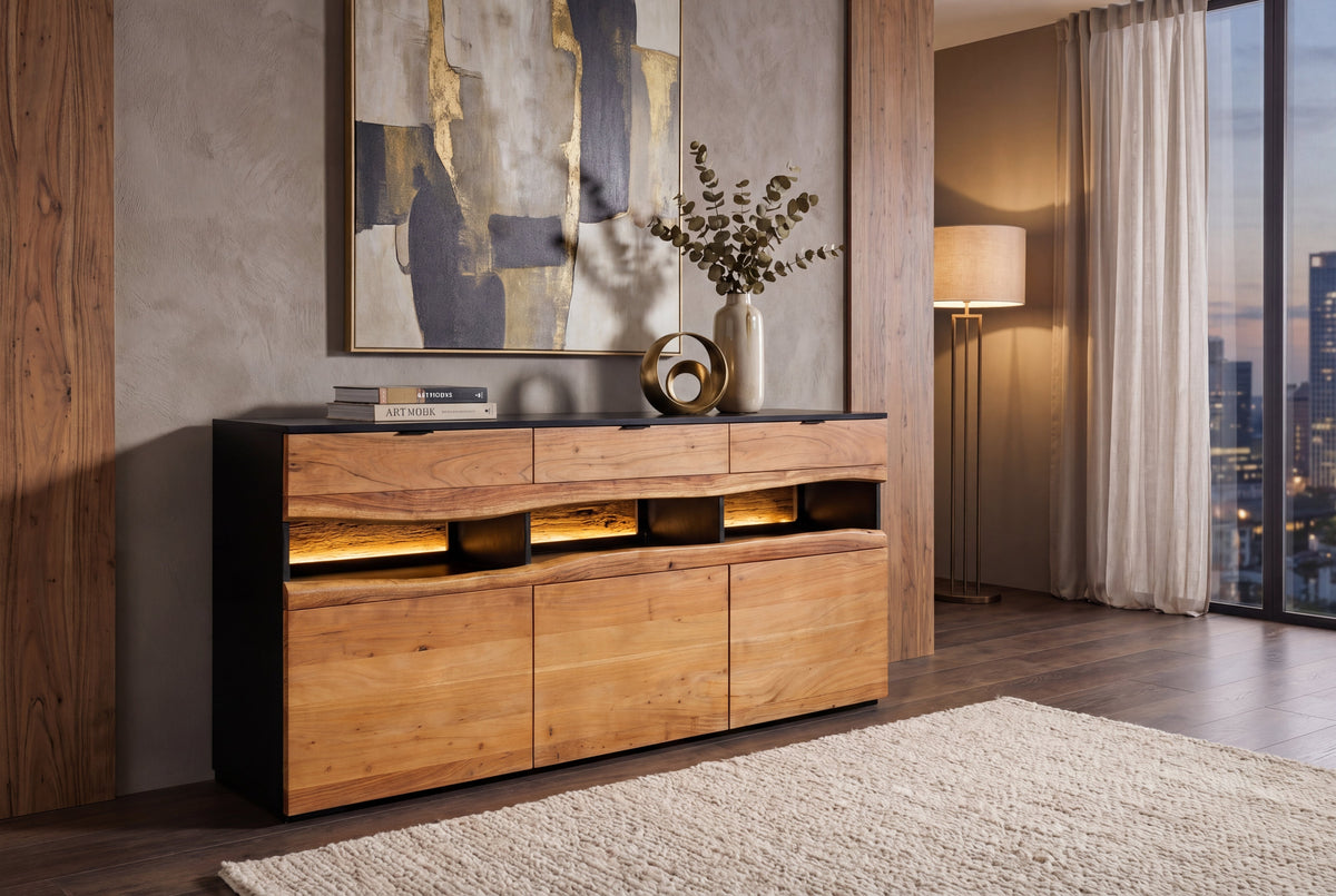 Buffet en bois massif GRAND ACACIA 180cm acacia marron avec éclairage LED bord d’arbre