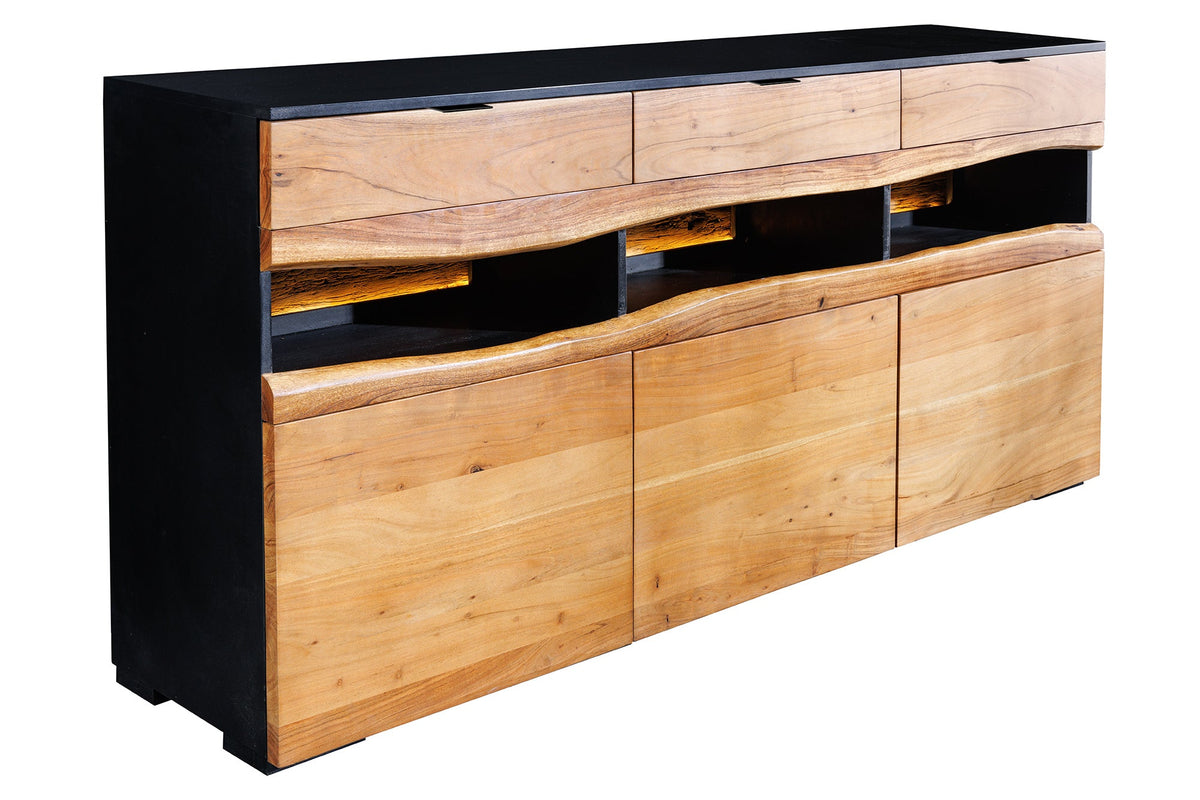 Buffet en bois massif GRAND ACACIA 180cm acacia marron avec éclairage LED bord d’arbre
