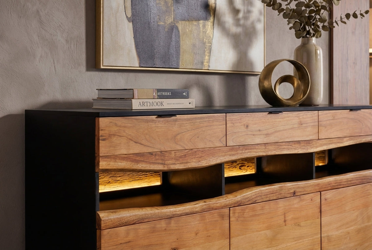 Buffet en bois massif GRAND ACACIA 180cm acacia marron avec éclairage LED bord d’arbre