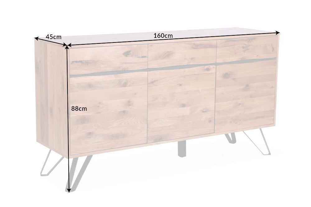 Buffet en bois massif LIVING EDGE 160cm chêne sauvage métal bord d’arbre noir avec tiroirs