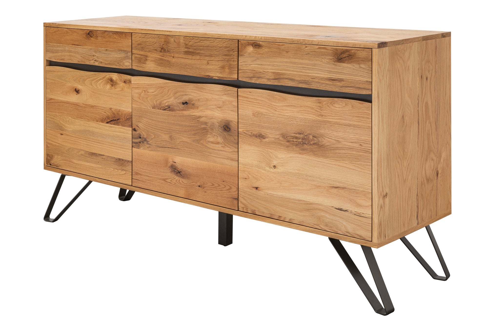 Buffet en bois massif LIVING EDGE 160cm chêne sauvage métal bord d’arbre noir avec tiroirs